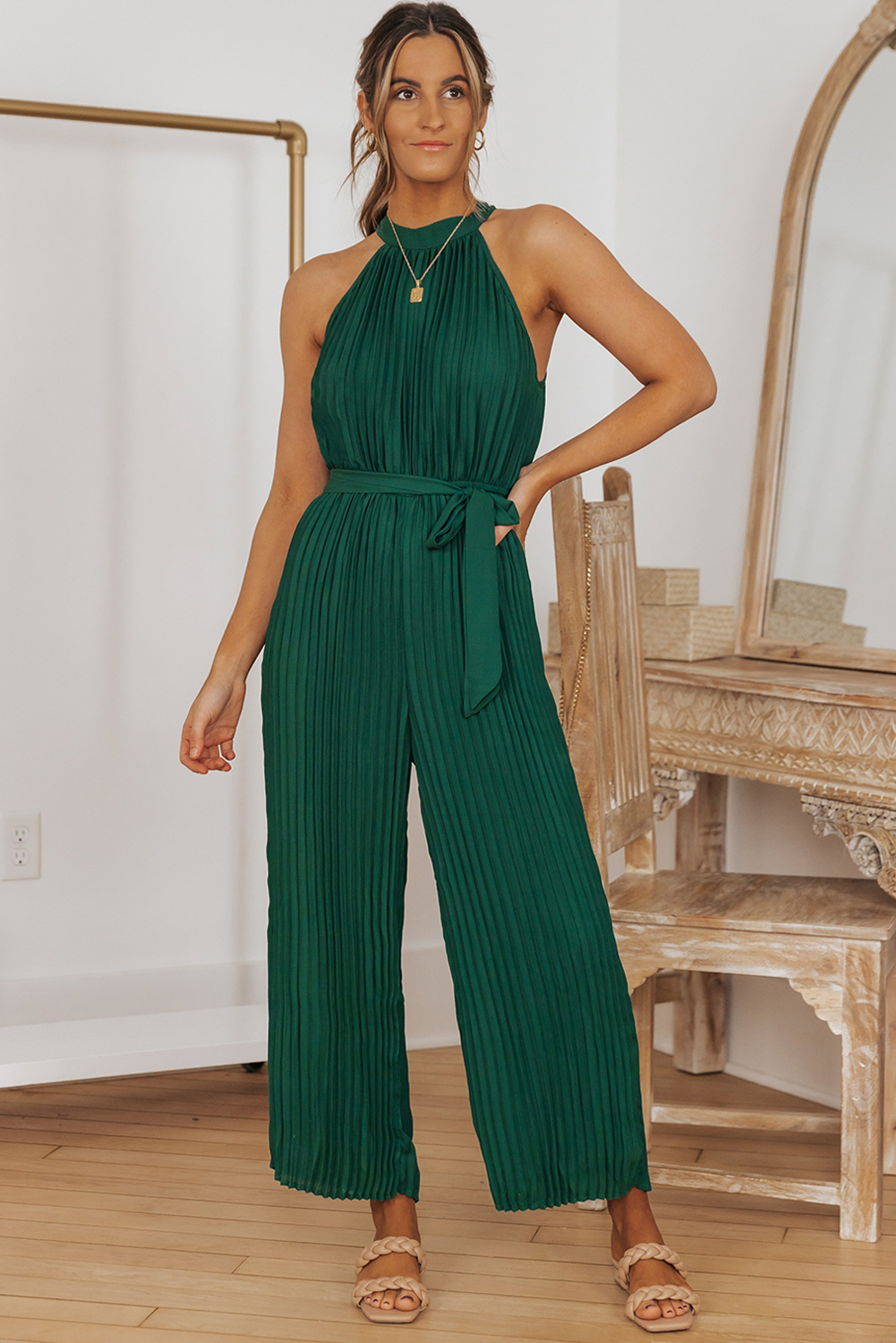 Rose Tan Solid Self Tied Straps Pleated Wide Leg Jumpsuit