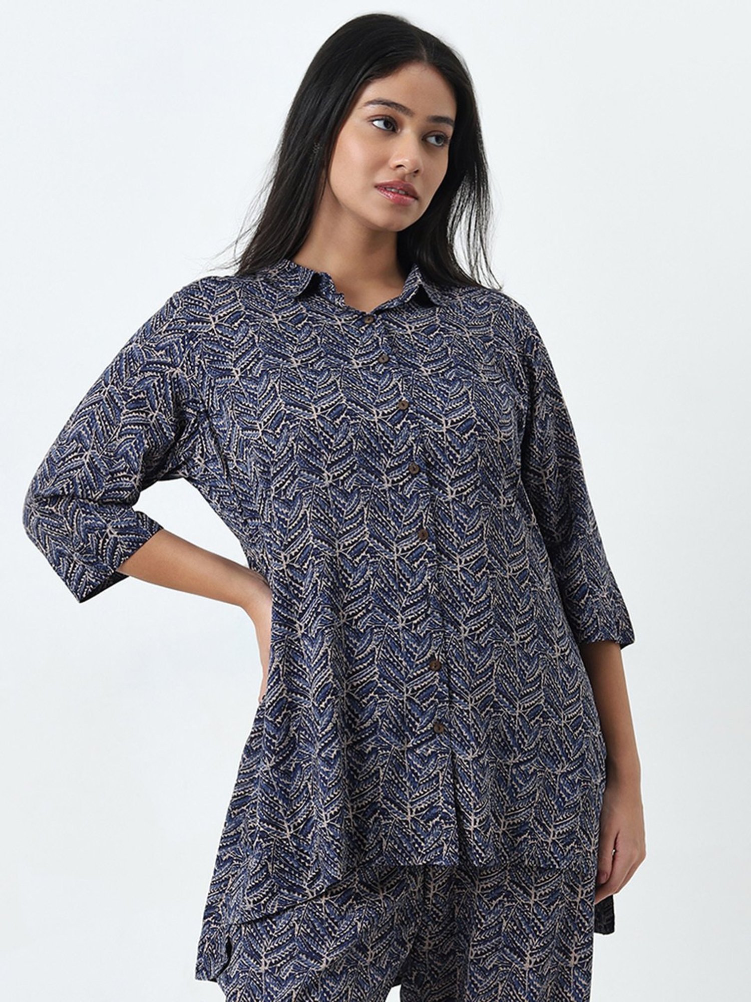 Diza by Westside Indigo Leaf Printed High-Low Tunic