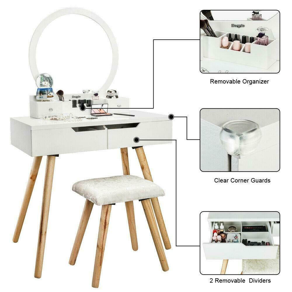 Vanity Table Set with Round Mirror 4 Large Drawers Makeup Dressing Table White