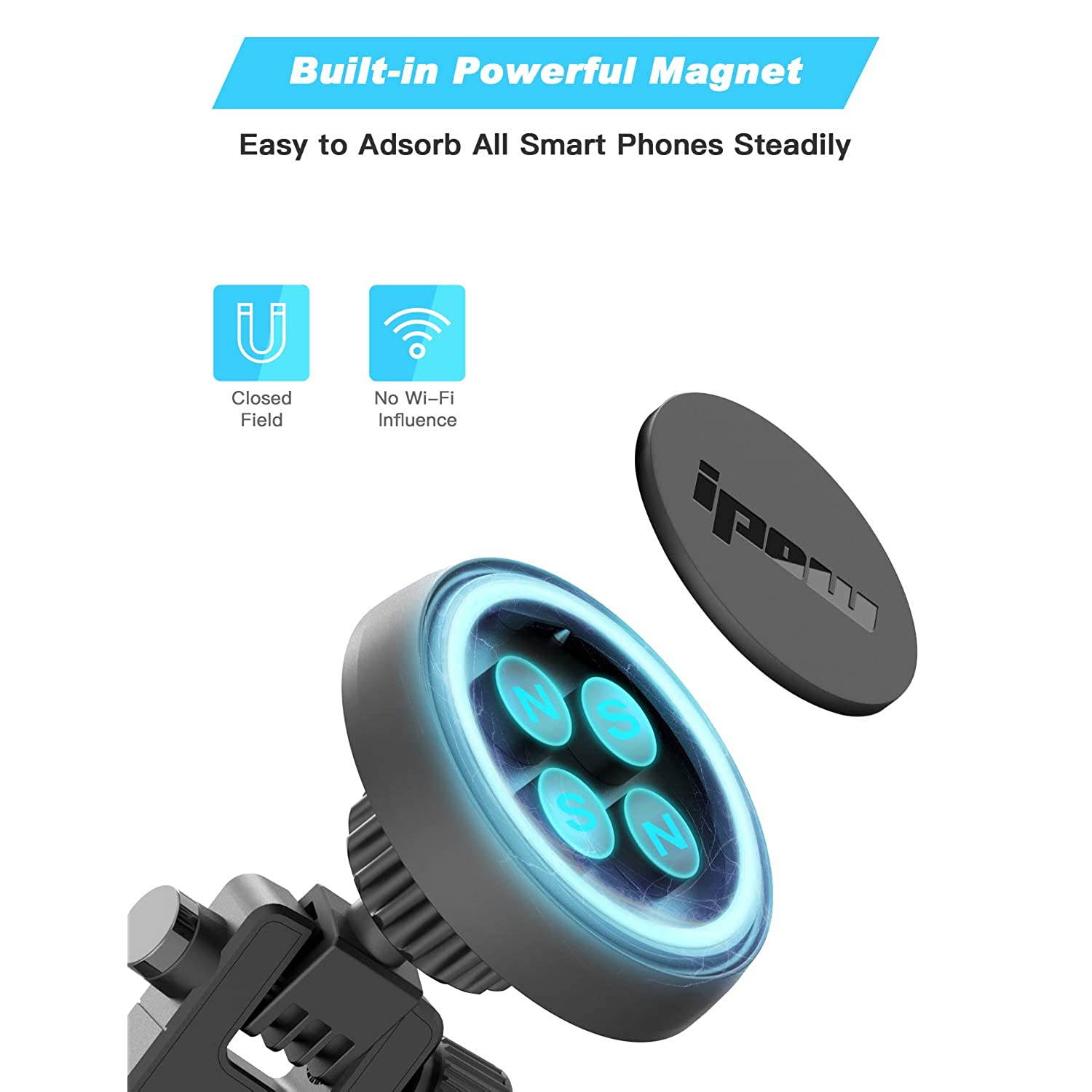 IPOW Car Phone Mount Holder Magnetic Phone Holder Mount Hands Free Cell Phone Holder for Car Dashboard Windshield Phone Holder Strong Magnet Maximum Angle One Holder Fits All Phones No View Blocking