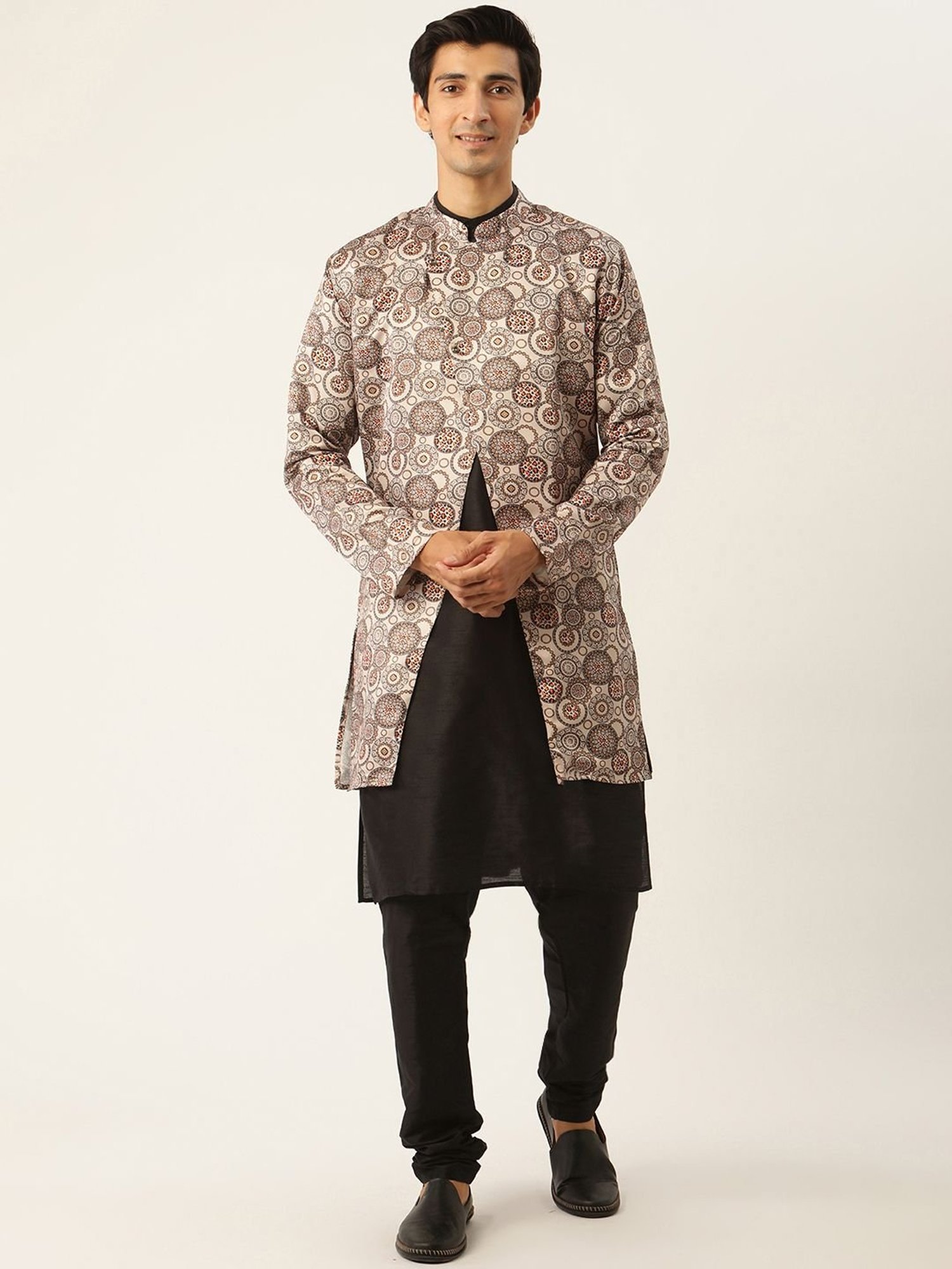 Sojanya Black & Beige Regular Fit Printed Kurta Set With Jacket