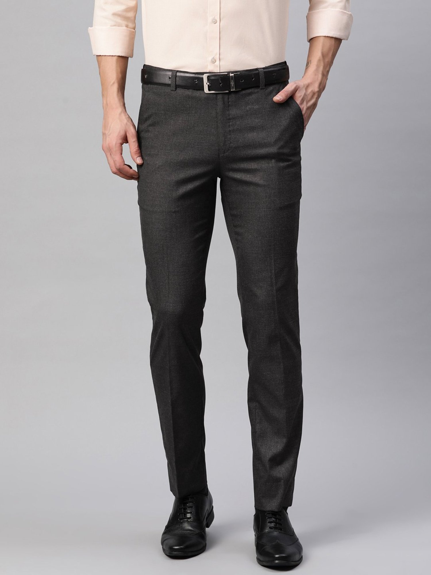 ManQ Charcoal Slim Fit Flat Front Trousers