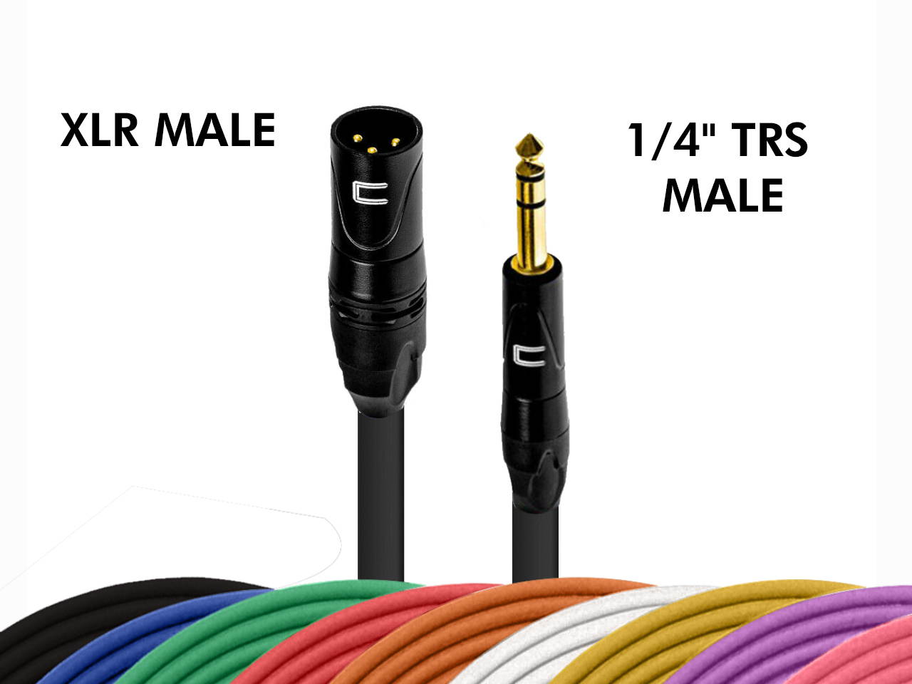 3-Pin XLR Male to 1/4" TRS Balanced Stereo Cable - Custom Length, Color Mic Cord