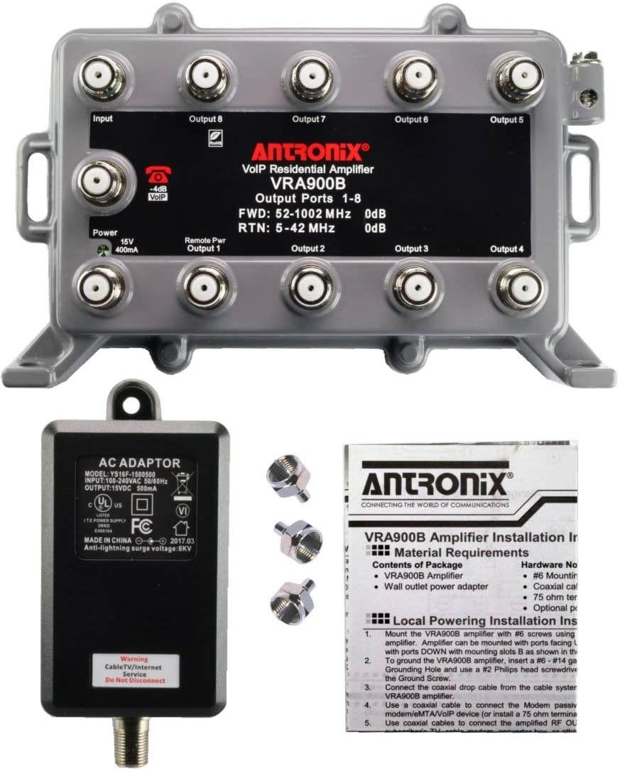 9 Port Bi-Directional Cable TV Splitter Signal Booster/Amplifier with Active Return Zero Signal Loss VoIP Telephone Bypass Port and F59 Terminators Antronix VR900B/AC