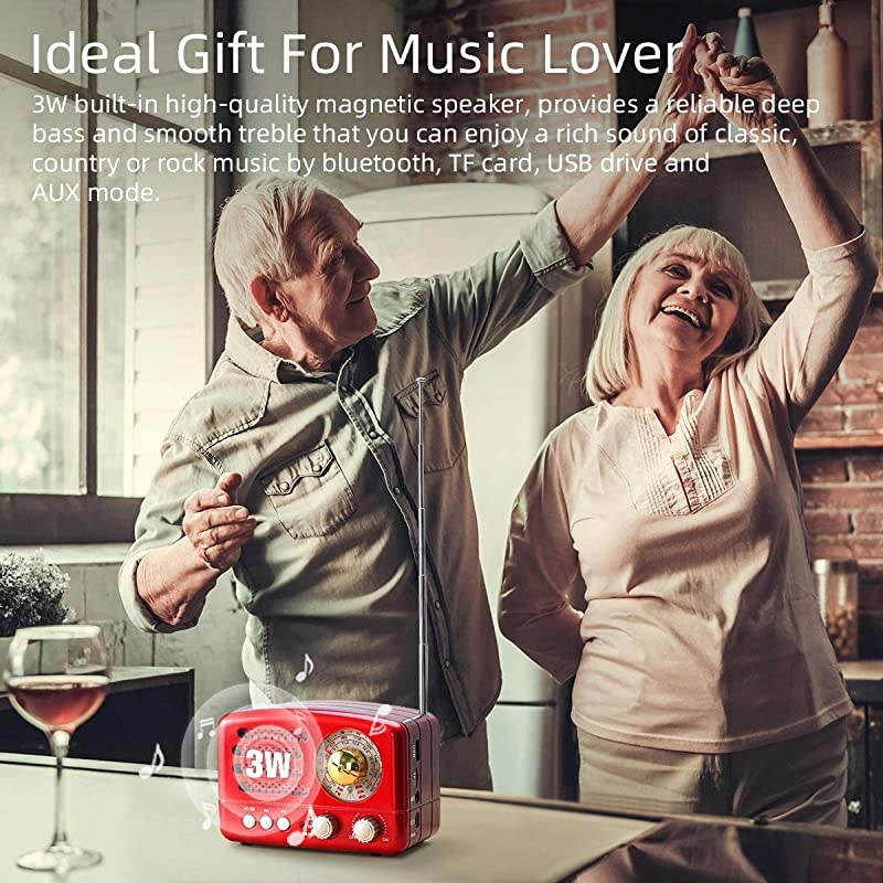 J-160 AM FM Radio Retro Bluetooth Speaker, Transistor Radio Portable Battery Operated Radio with Classical Vintage Look, Built-in USB Port, Micro-SD, AUX Input(Gold)