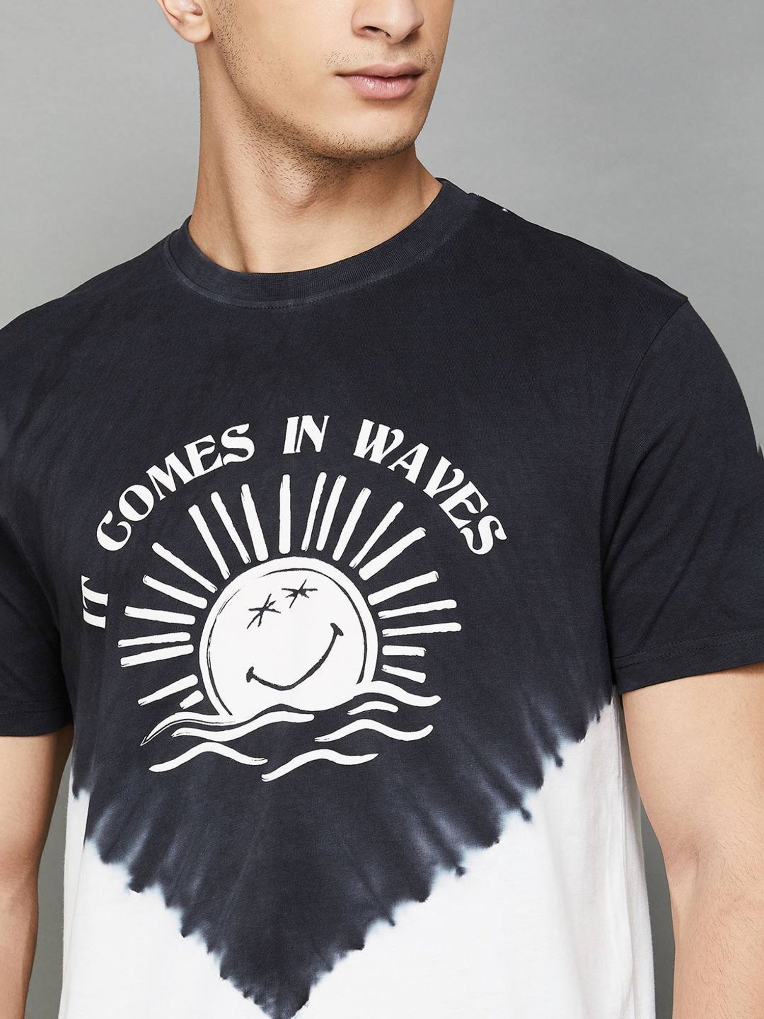 Smileyworld Black Cotton Regular Fit Printed T-Shirt
