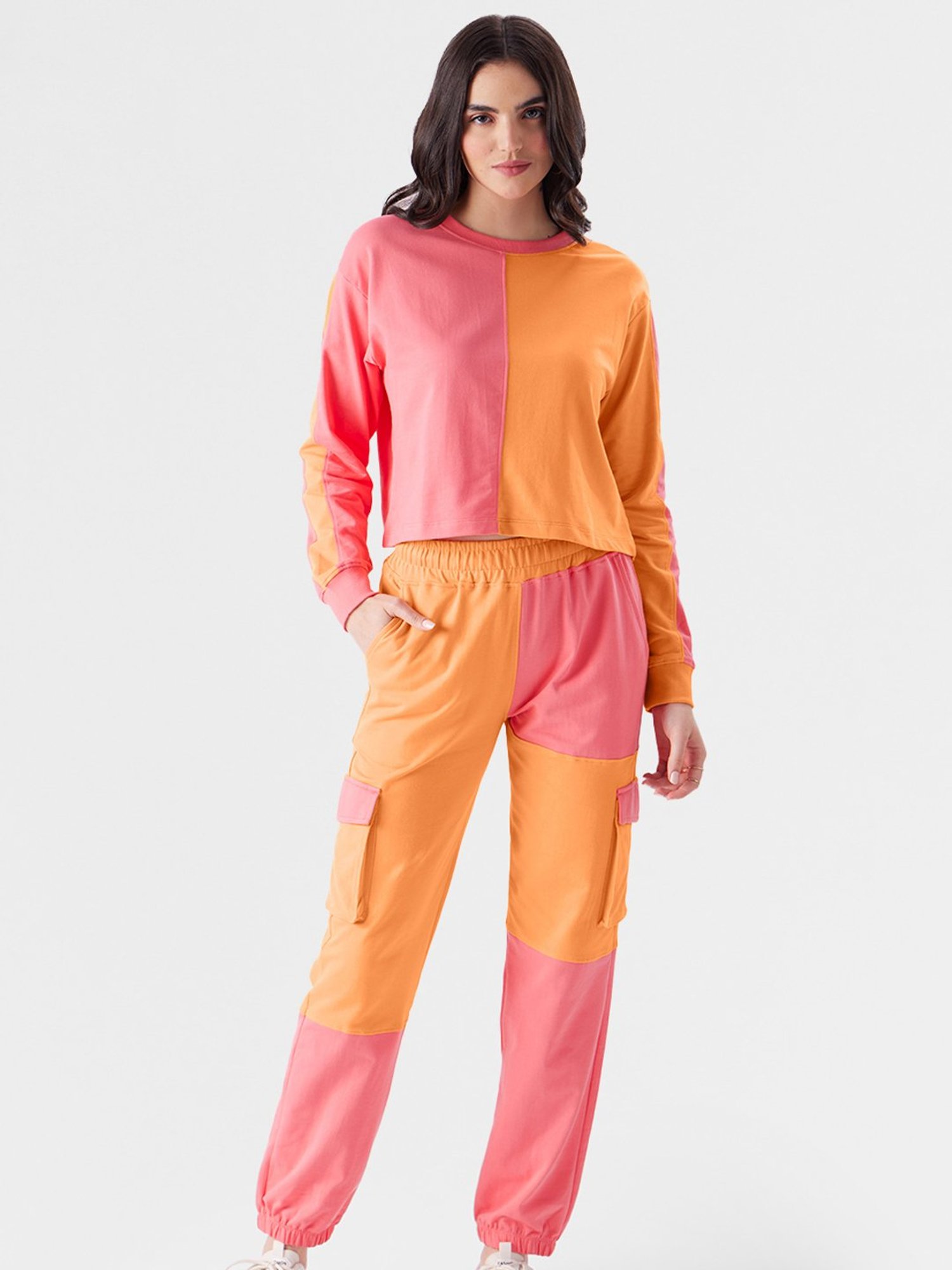 The Souled Store Orange & Pink Cotton Color-Block Crop T-Shirt