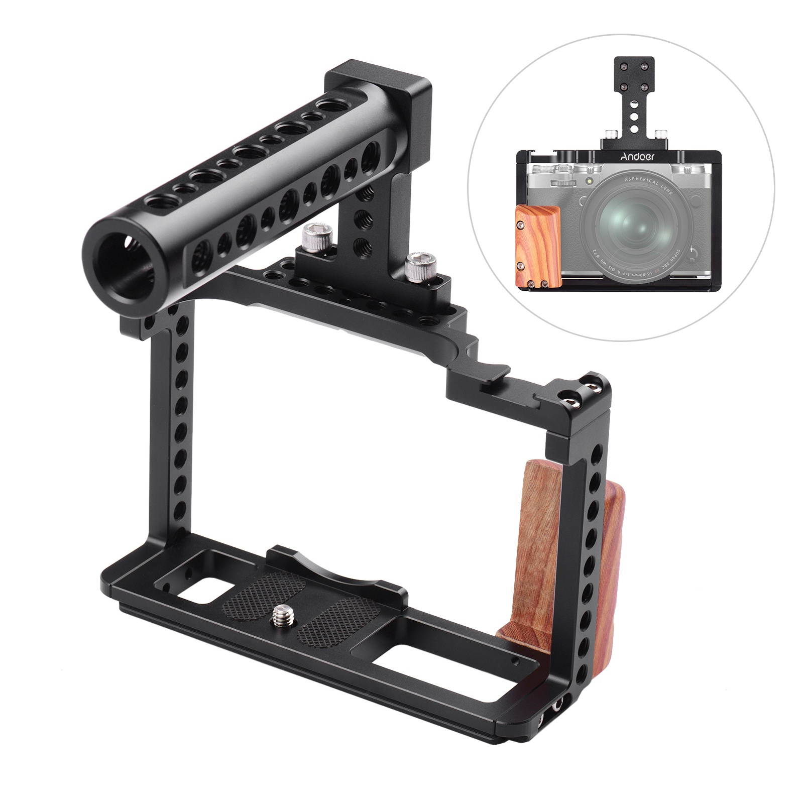 Andoer Aluminum Alloy Camera Cage Kit Protective Vlog Cage with Wooden Hand Grip Metal Top Handle Film Making System with Cold Shoe for Microphone Fill Light Compatible with Fujifilm X-T4 ILDC Camera