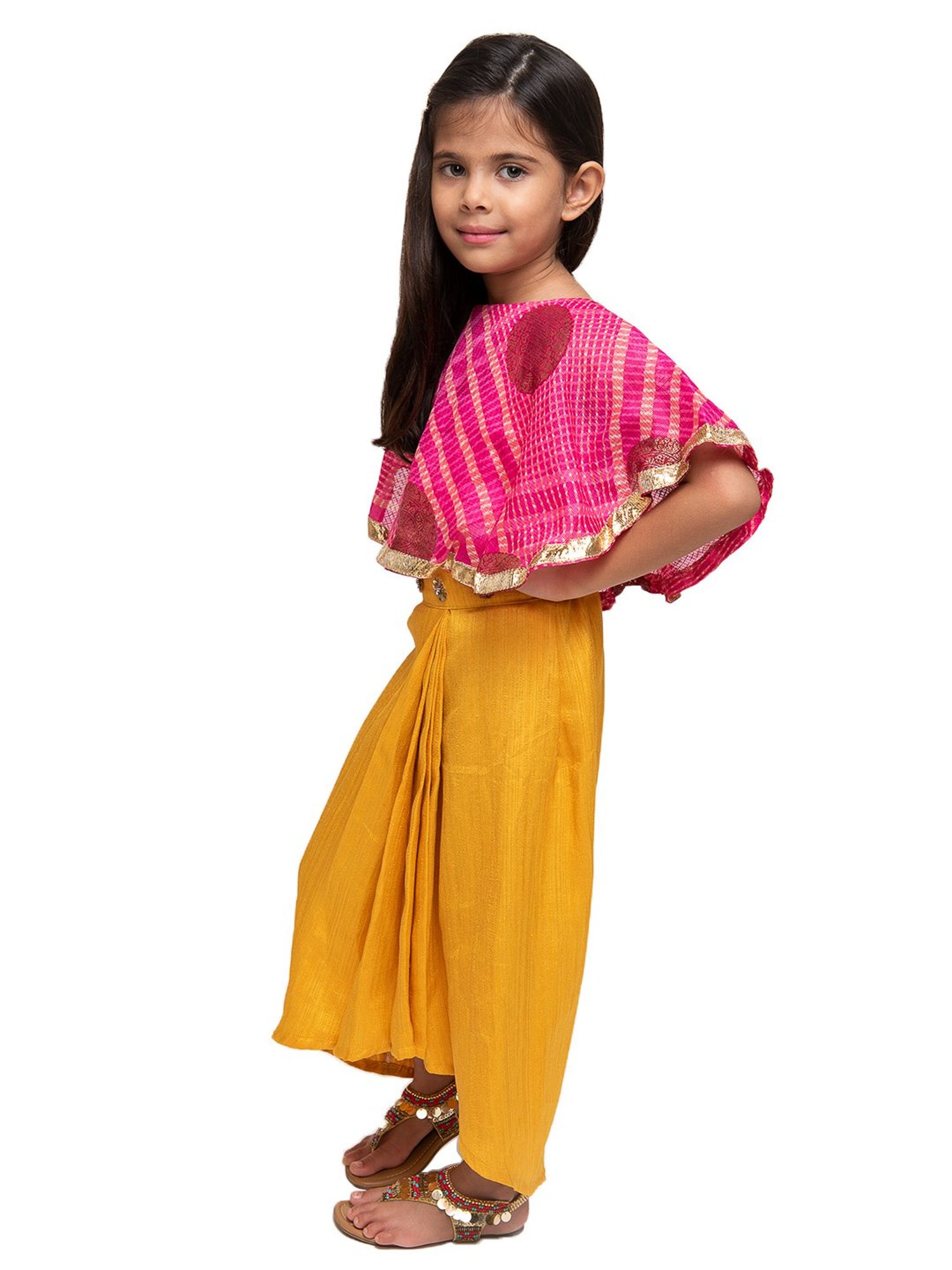 Fairies Forever Kids Pink & Yellow Printed Cape Top With Dhoti Skirt