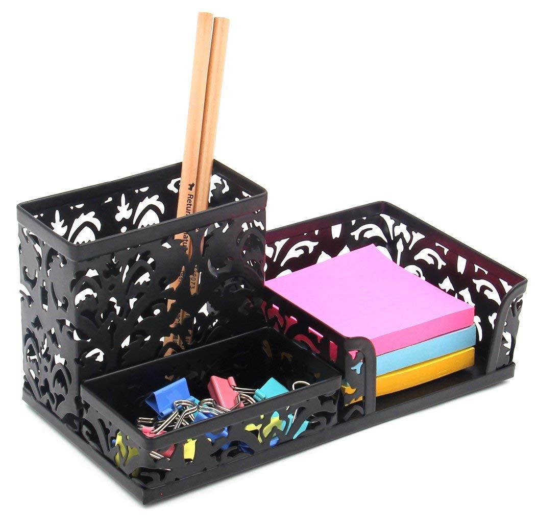 EasyPAGMetal 3 Compartment Desk Organizer with Hollow Flower Pattern Design,Black