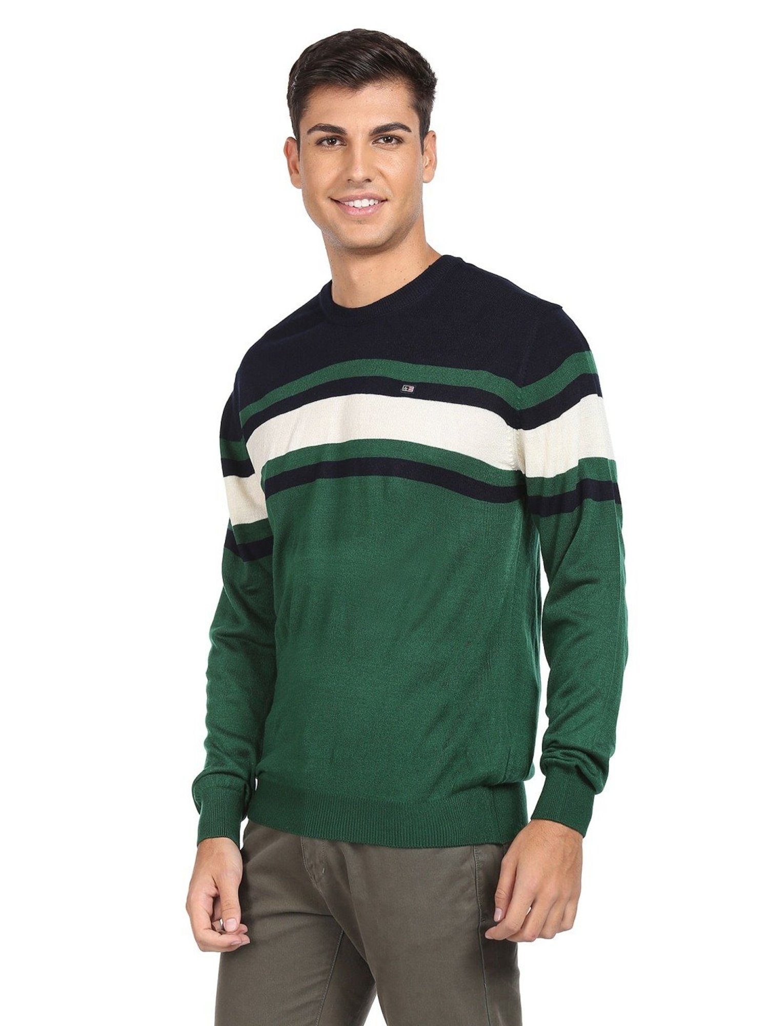 Arrow Sport Dark Green Regular Fit Striped Sweater