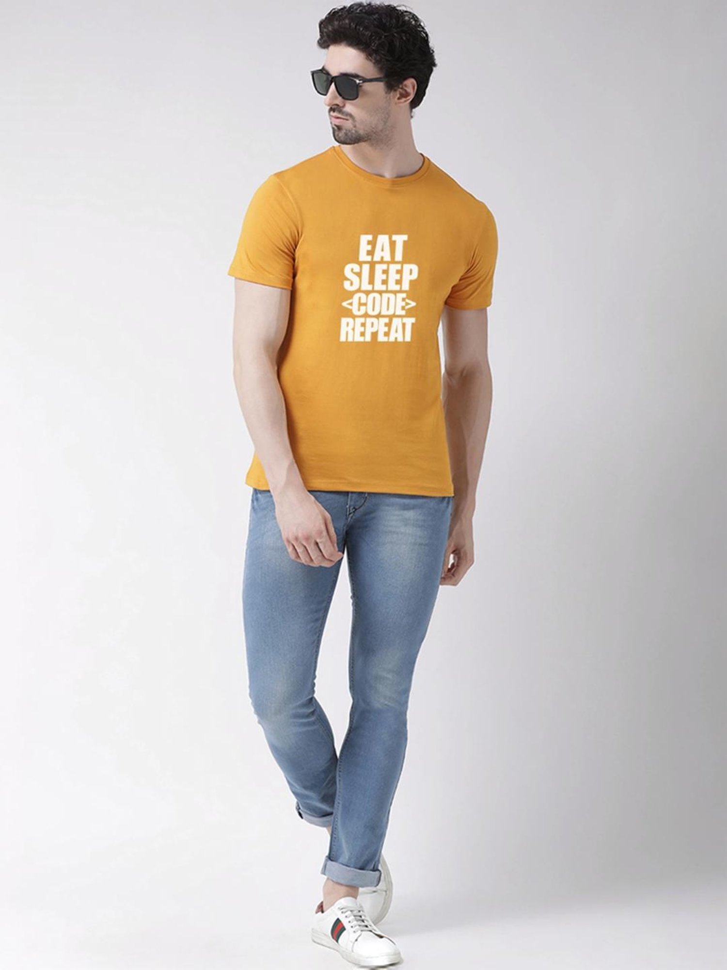 Friskers Mustard Cotton Slim Fit Printed T-Shirt