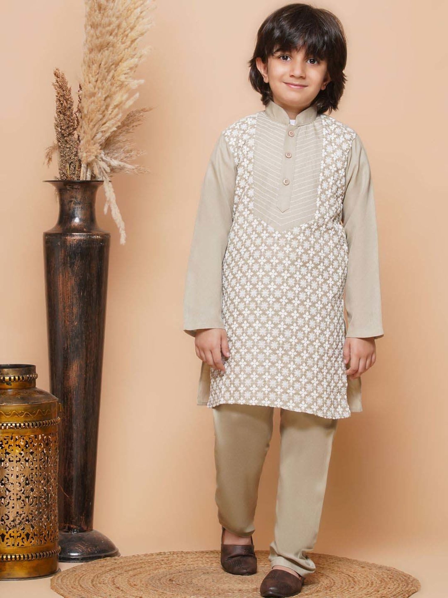 AJ Dezines Kids Pista Green Cotton Embroidered Full Sleeves Kurta Set