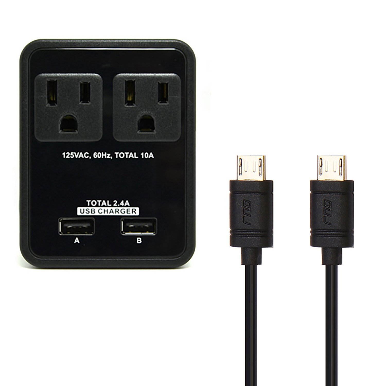 RND Compact Power Station 2.4 Amp Dual USB Ports 2 AC Outlet Wall Charger with an Attached 7 inch Micro USB Cable and Two 2ft Micro Cables (Black)