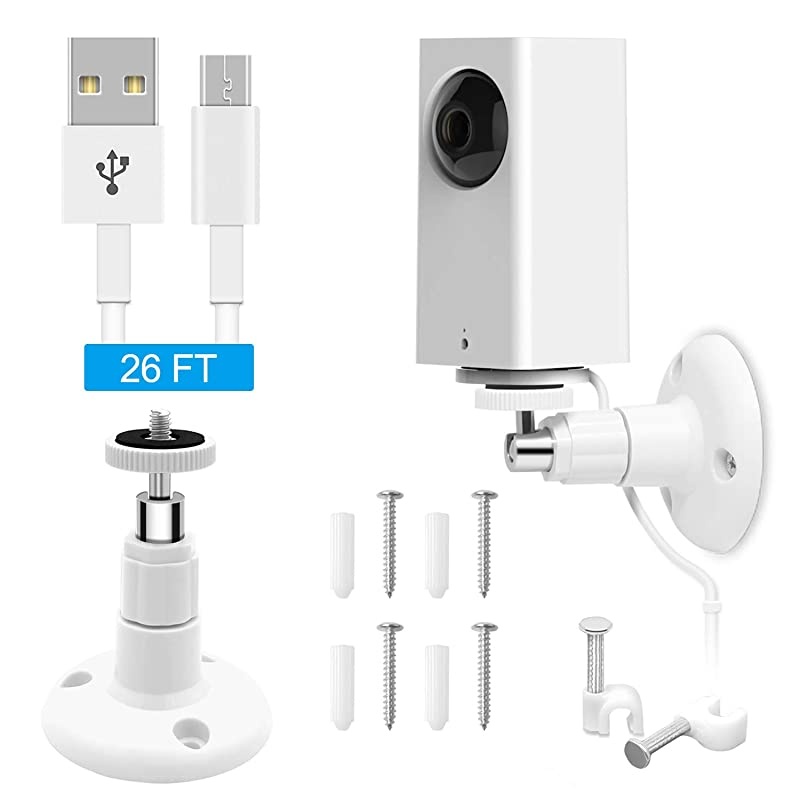 Wyze Cam Pan Wall Mount with 26FT Power Extension Charging CableWyze Cam Pan Mounting Kit Including Charging CordAdjustable Indoor and Outdoor Security Mount and 30 Wire Clips
