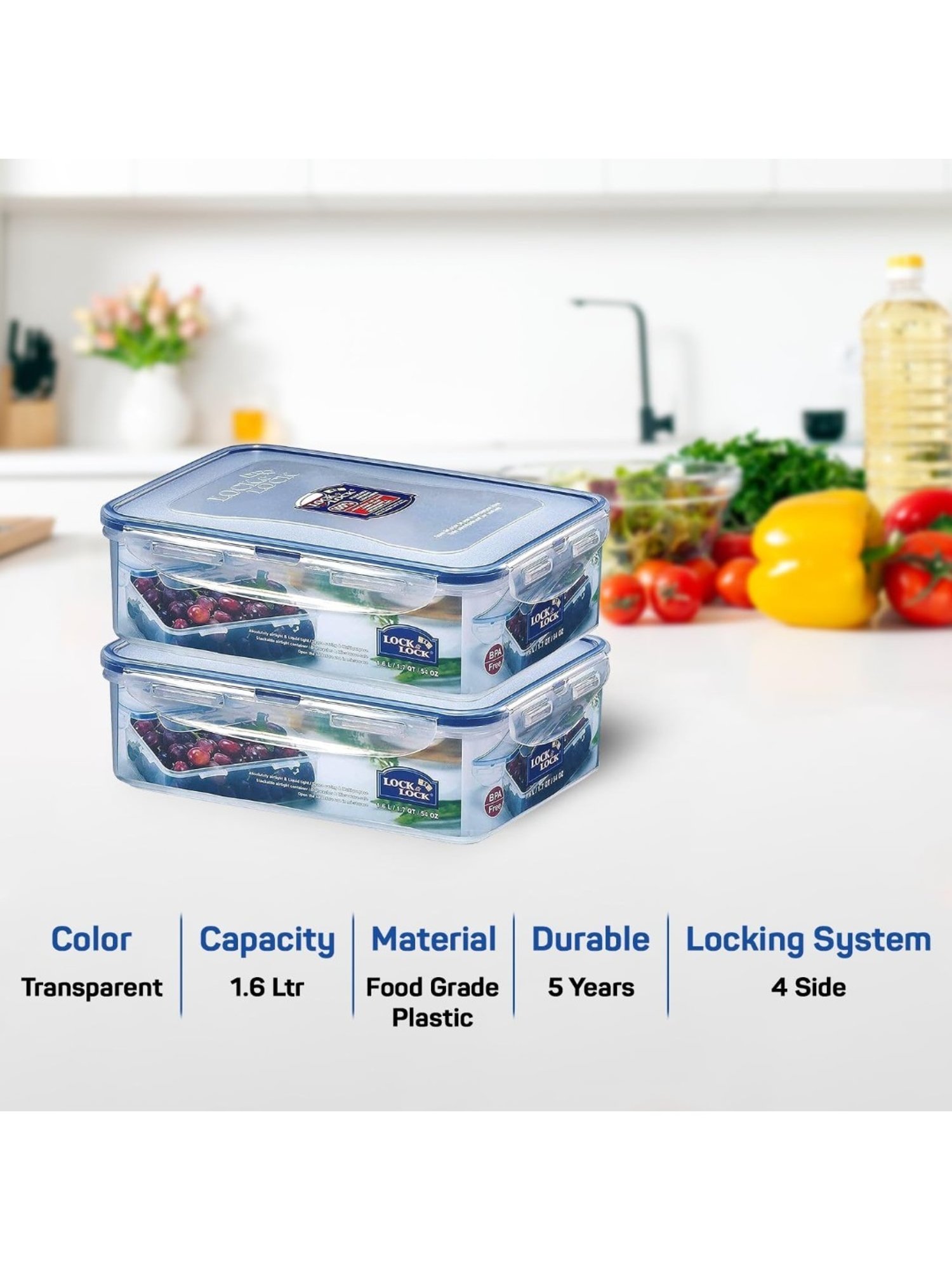 Lock & Lock Transparent Plastic Airtight Food Storage Containers With Lid - Set of 2