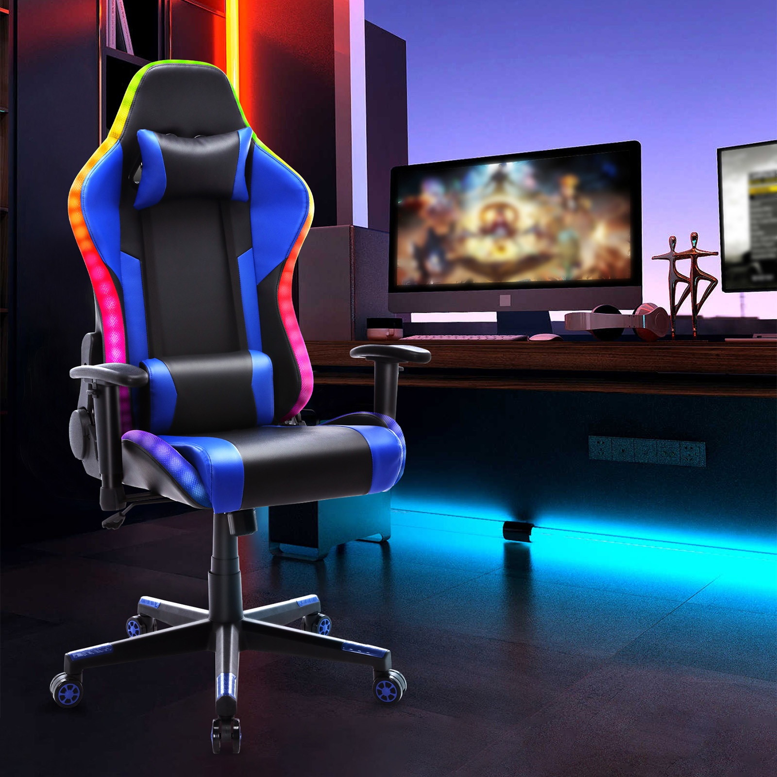 YOUTHUP Gaming Chair with RGB LED Lights, Racing Style Recliner Swivel Video Computer Chair with Bluetooth Speakers, Adjustable Ergonomic High Back, PU Leather with Headrest and Lumbar Support, Pink