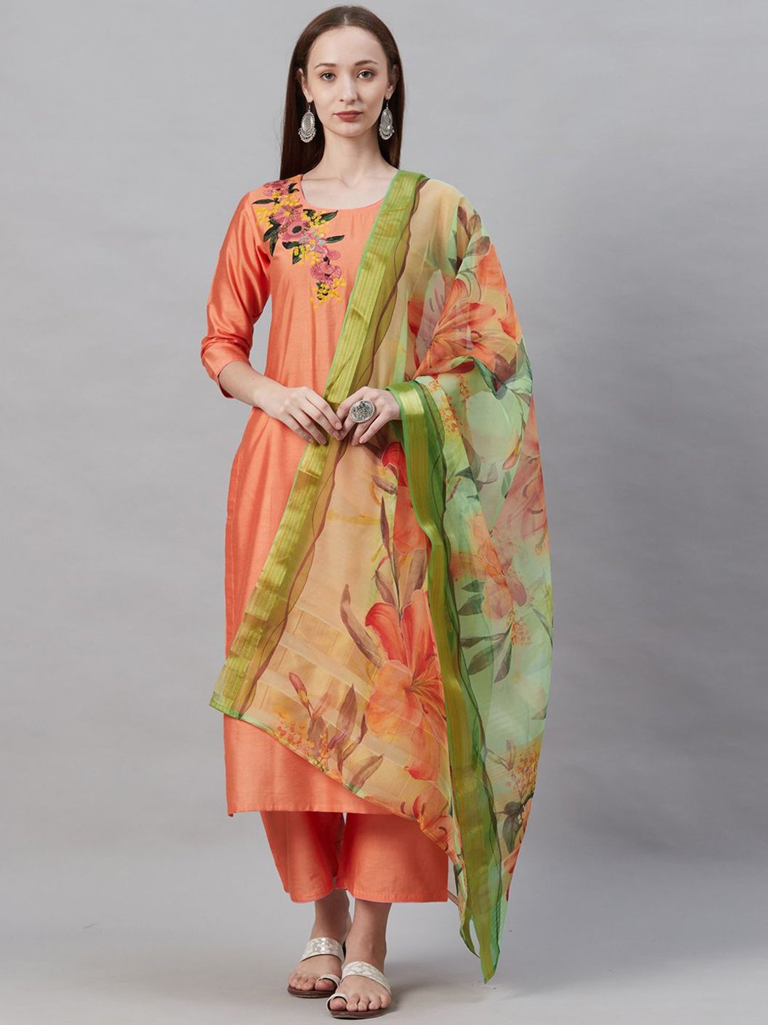 Indo Era Orange Printed Dupatta