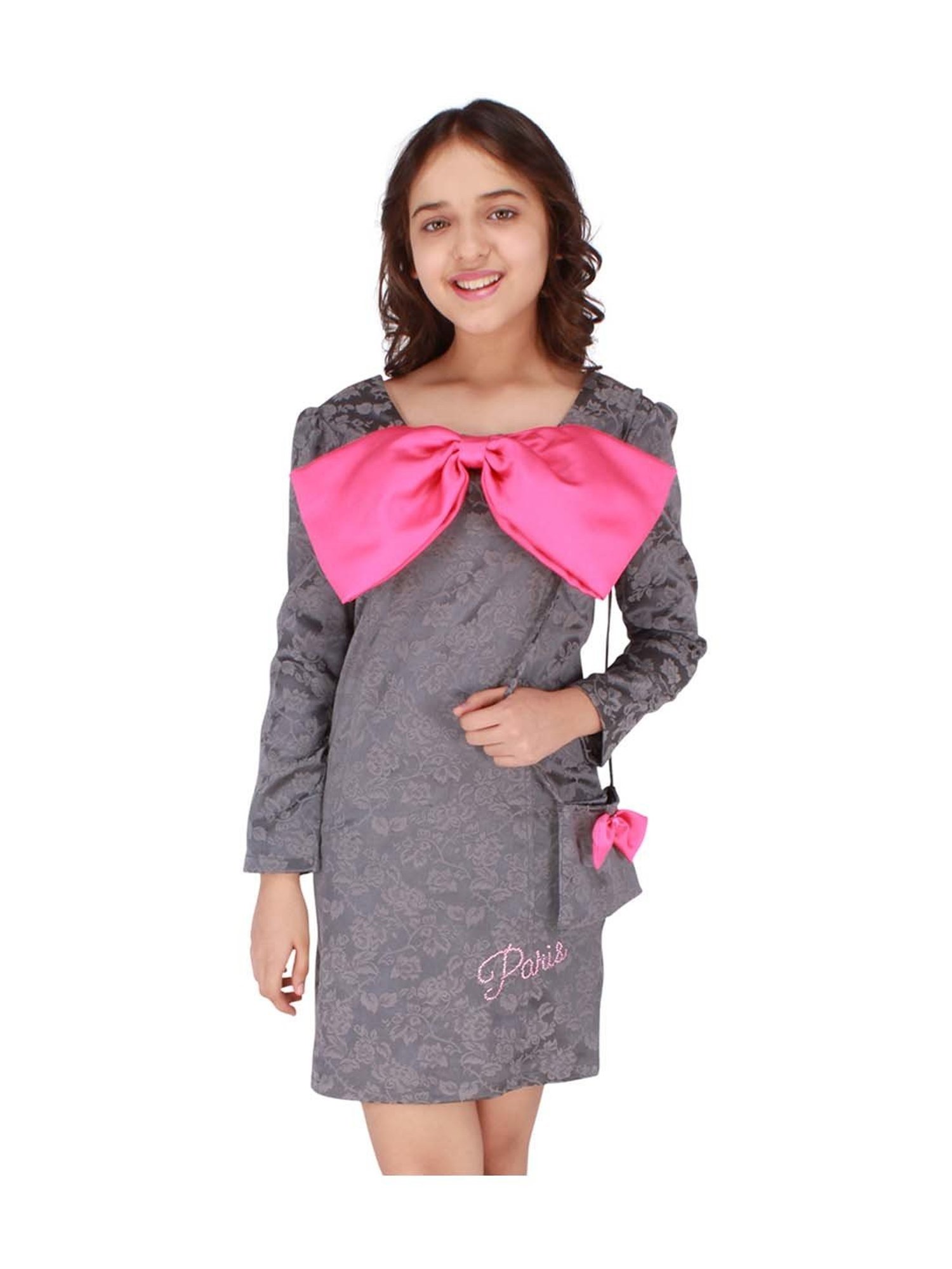 Cutecumber Kids Grey & Pink Printed Full Sleeves Dress