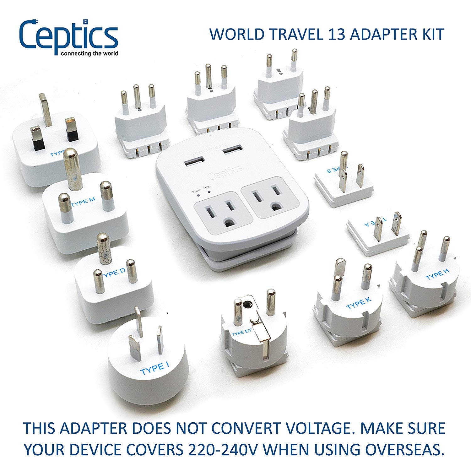 International Plug Adapter Kit, Ceptics World Safest Grounded 13 Adaptor Set Dual USB Ports - Travel Anywhere - Business Use - Perfect for Laptops, Cell Phones, Charger - Surge Protection (WPS-2B-All)