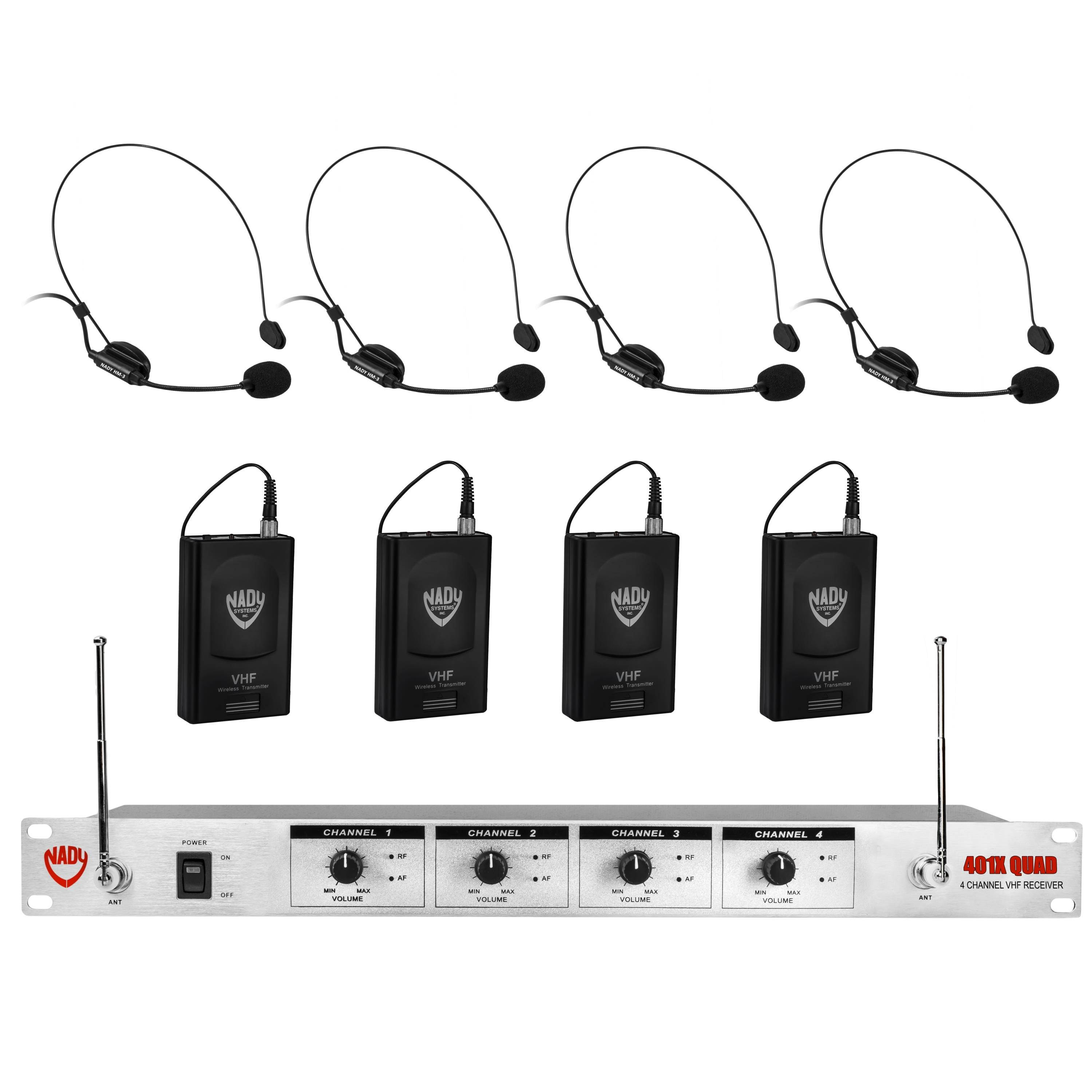 Nady 401X QUAD Wireless 4-Channel Headset + Lapel / Lavalier Microphone System &ndash; 8 Microphone Bundle (HM-3 + LM-14)