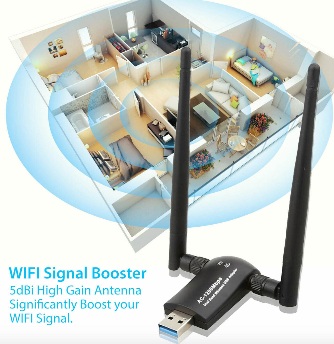 1200Mbps High Speed USB WiFi Adapter Signal Booster W/ Antenna For Windows