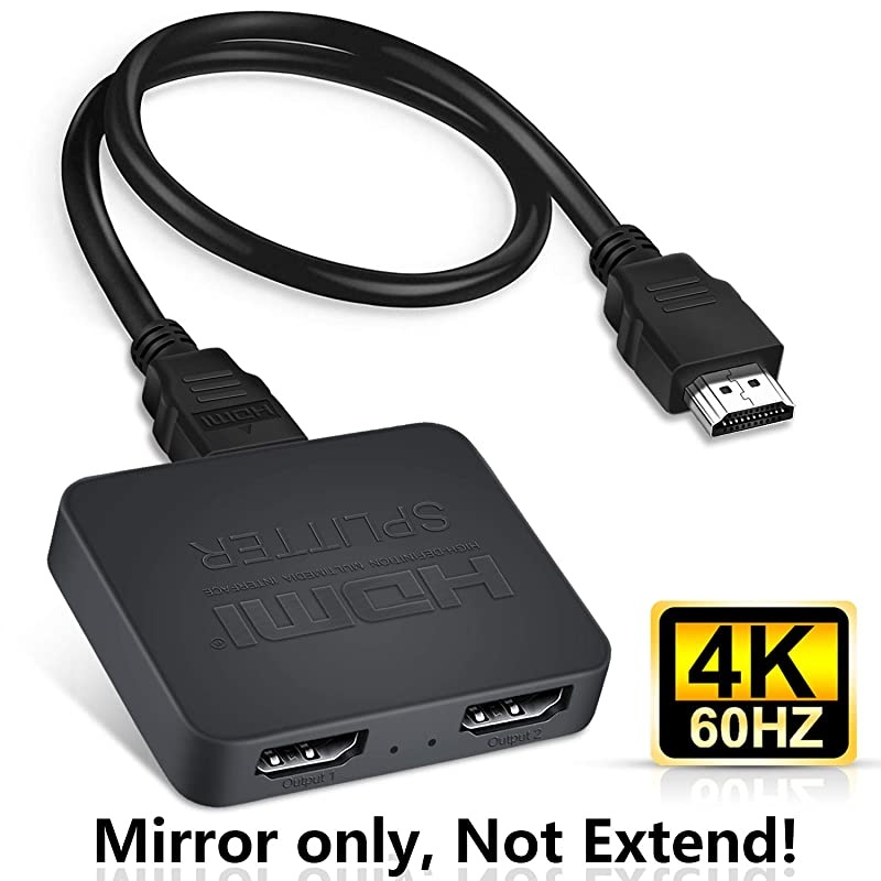 HDMI Splitter 4K@60Hz,  HDMI Splitter 1 in 2 Out, HDMI2.0b Splitter for Dual Monitors Only Duplicate/Mirror Screens, Support HDCP2.2, RGB 4:4:4, 18.5Gbps, Auto Scaling, Full HD 1080P 3D