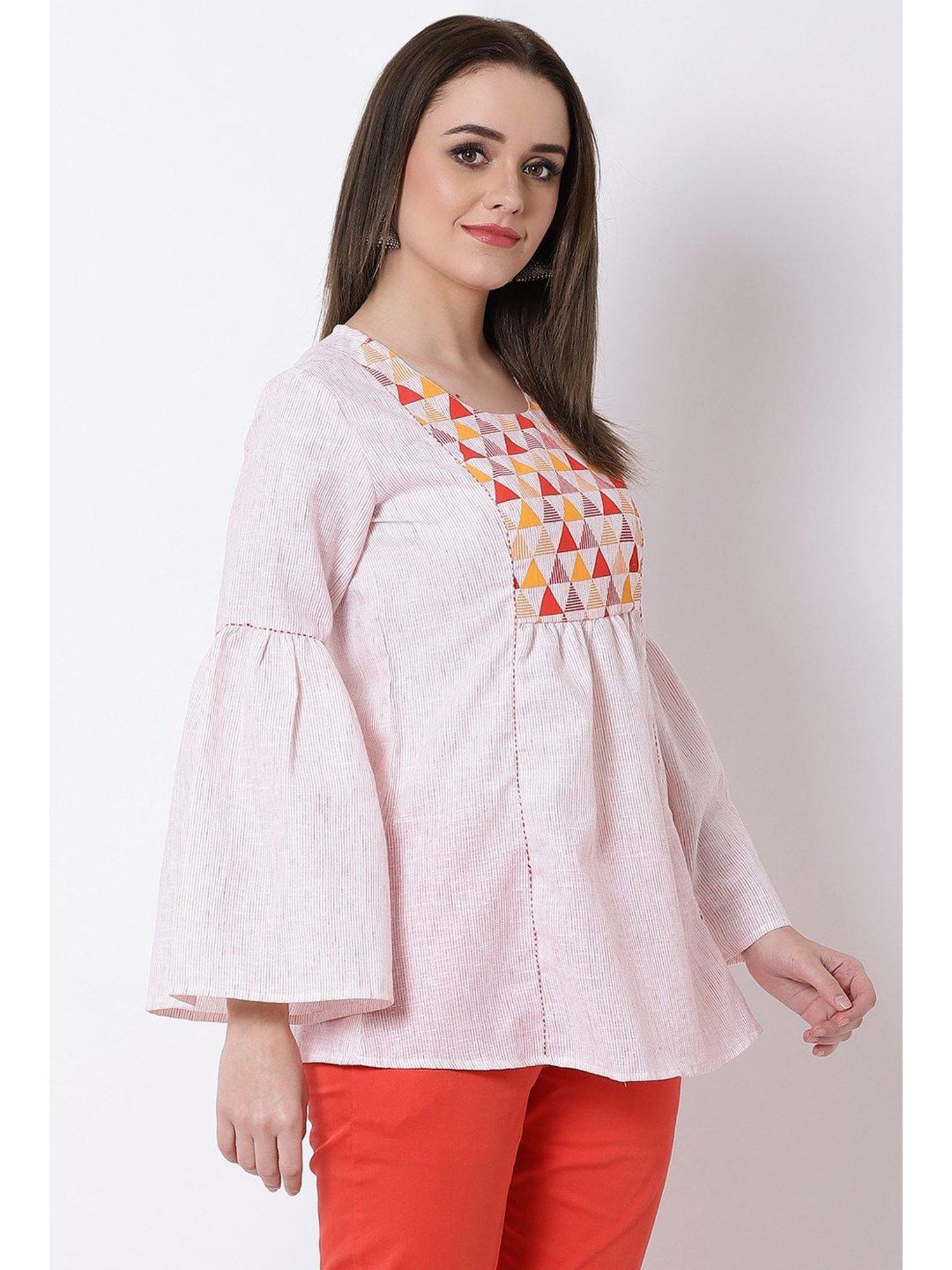 Rangriti White Cotton Printed Top