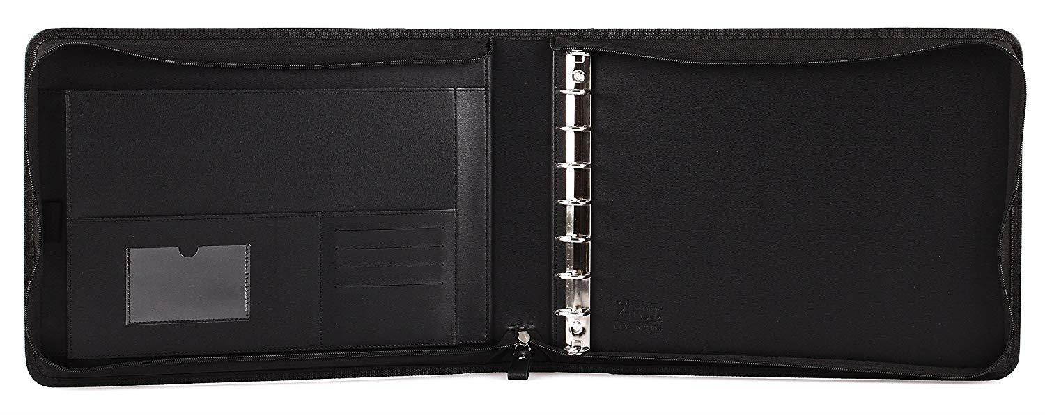 Business Check 7 Ring Binder for 3-Up Checks PU Leather Portfolio Checkbook Cover with Zipper (Black)