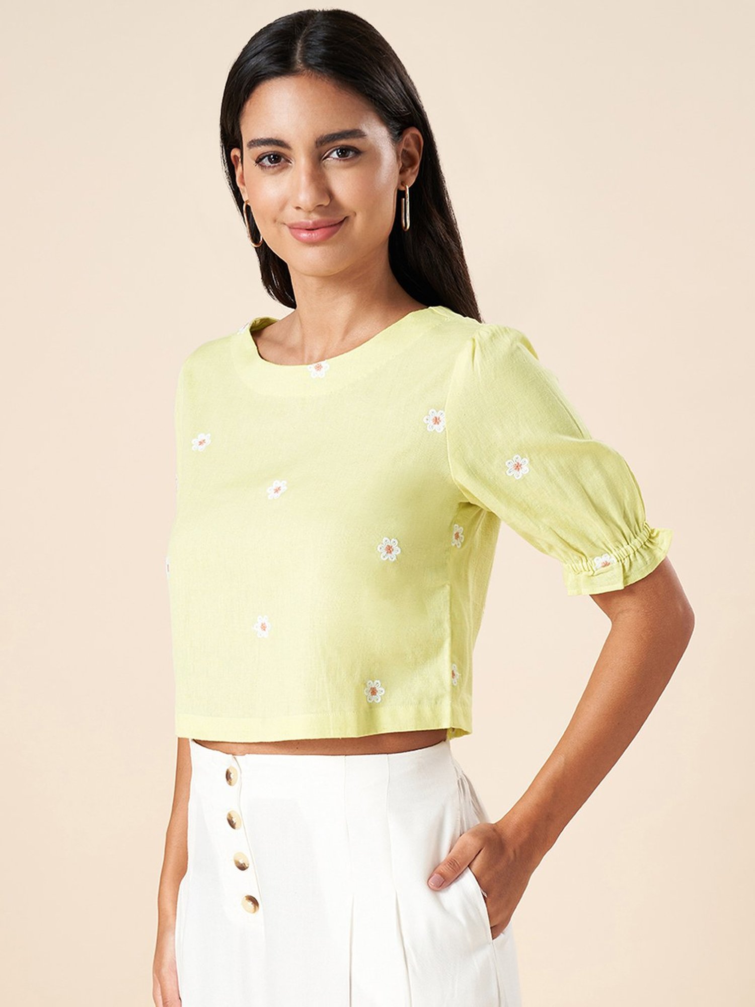 Akkriti by Pantaloons Lime Green Cotton Embroidered Crop Top