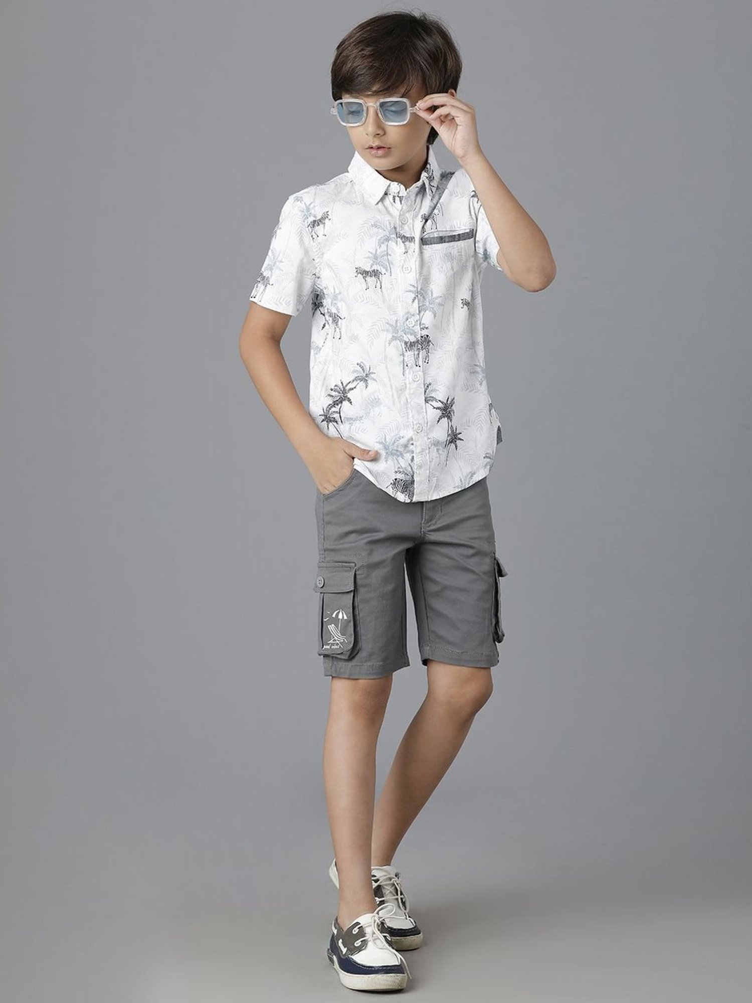 Under Fourteen Only Kids Off White Cotton Printed Shirt