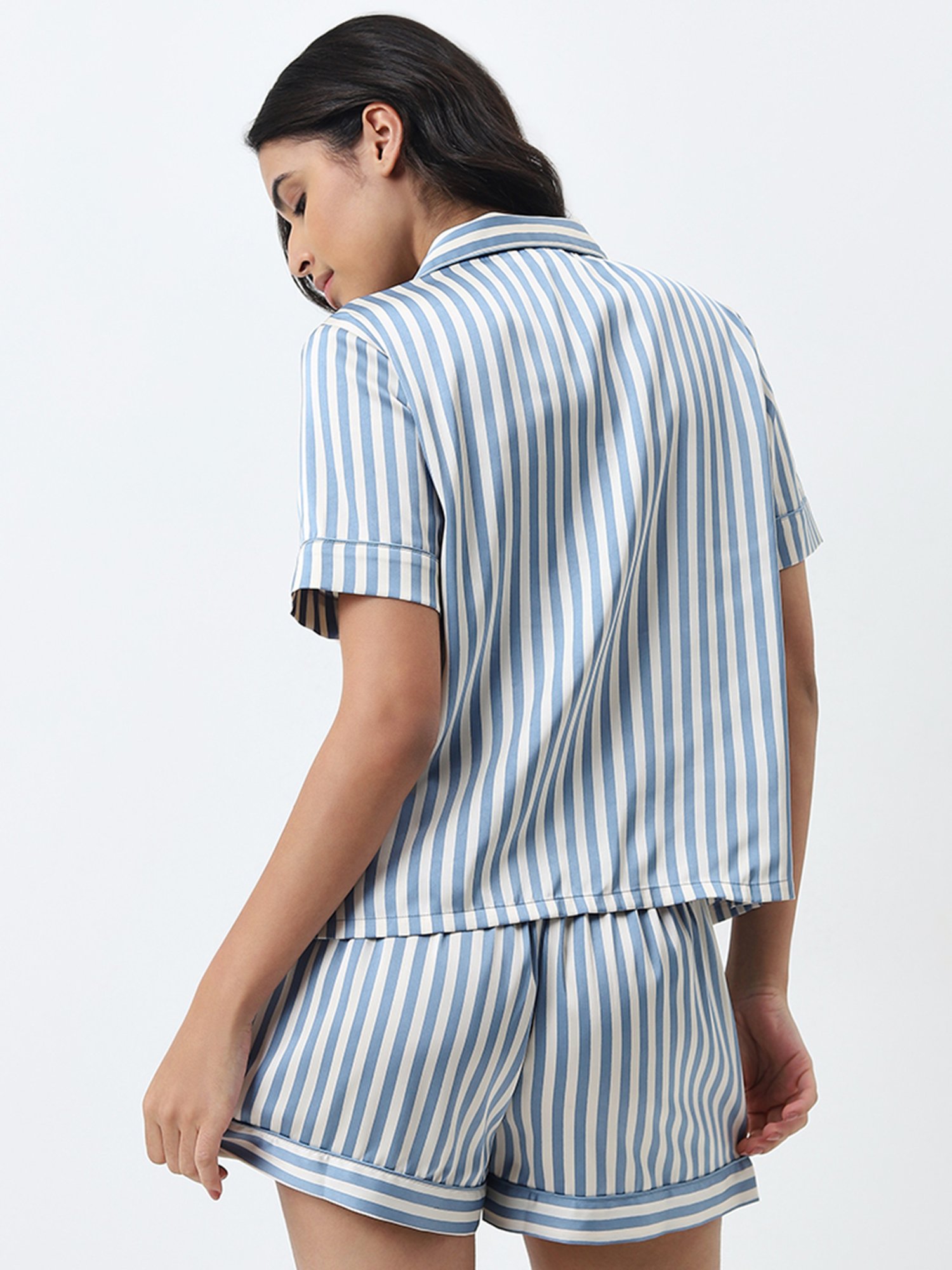 Wunderlove by Westside Blue Striped Shirt with High-Rise Shorts Set