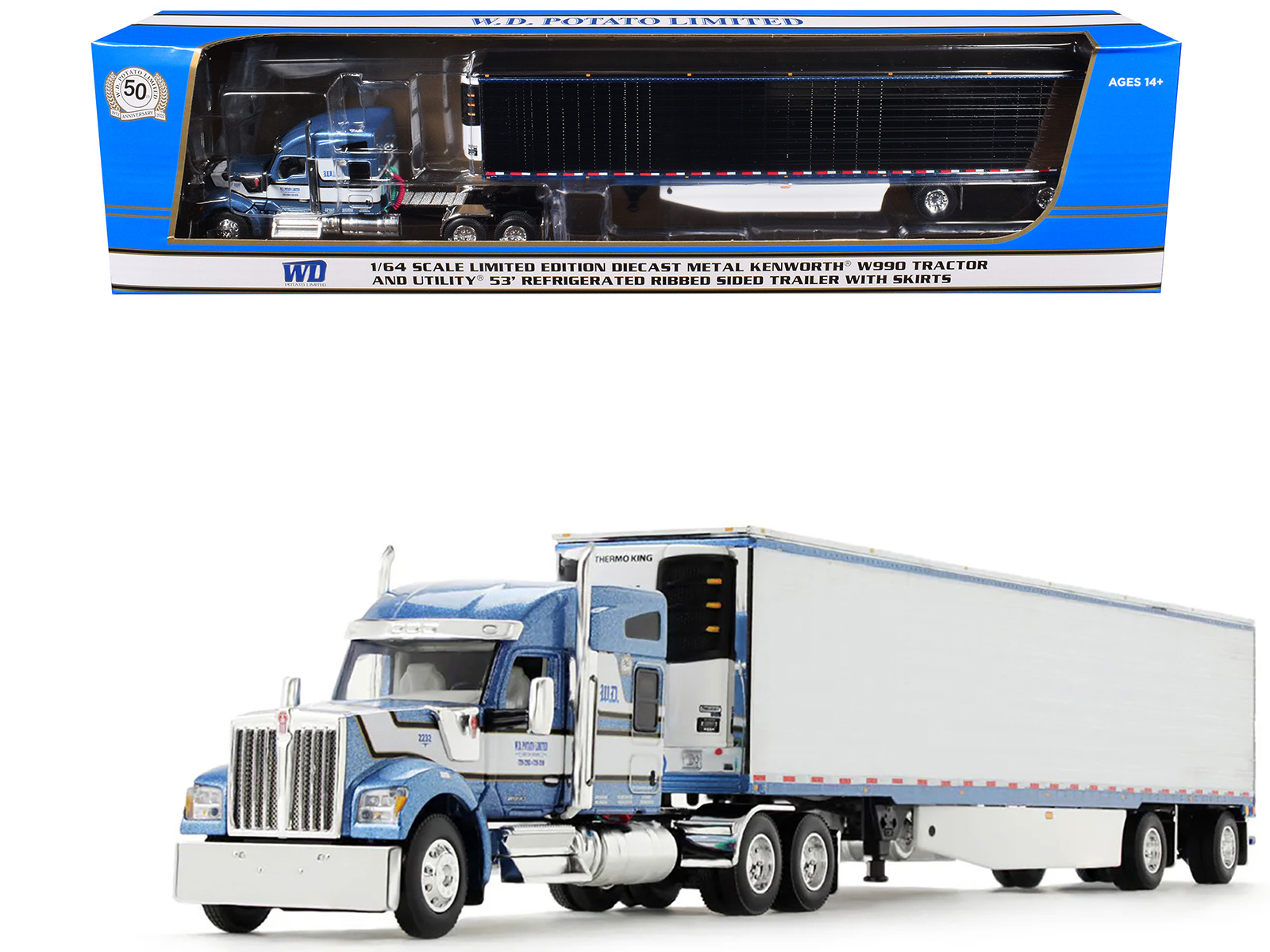 Kenworth W990 76" Mid-Roof Sleeper and Utility 53' Refrigerated Trailer with Skirts Blue Metallic "WD Potato Limited" 1/64 Diecast Model by DCP/First Gear
