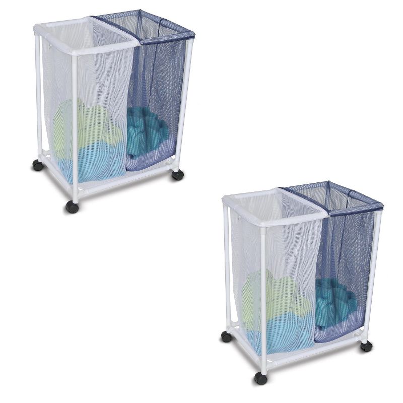 Homz 4540010 6 Load Capacity Double Mesh Sorter Laundry Basket Portable Organizer Hamper with Removable Bags with Wheels, Blue and White (2 Pack)