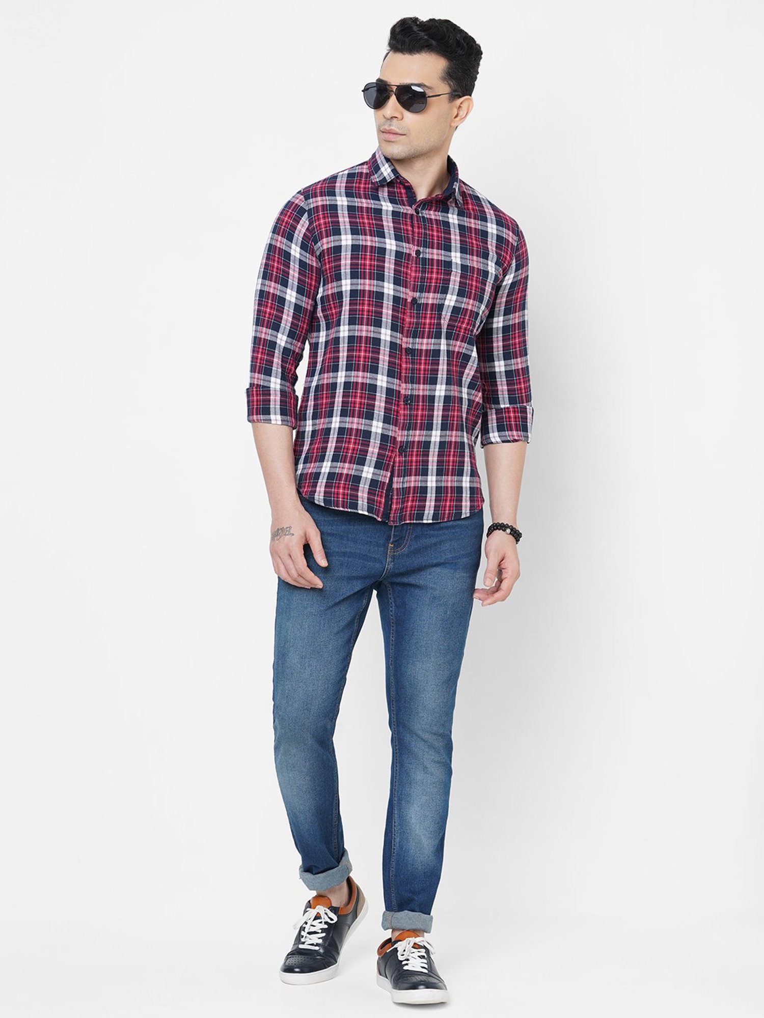SOLEMIO Multicolor Slim Fit Check Cotton Shirt