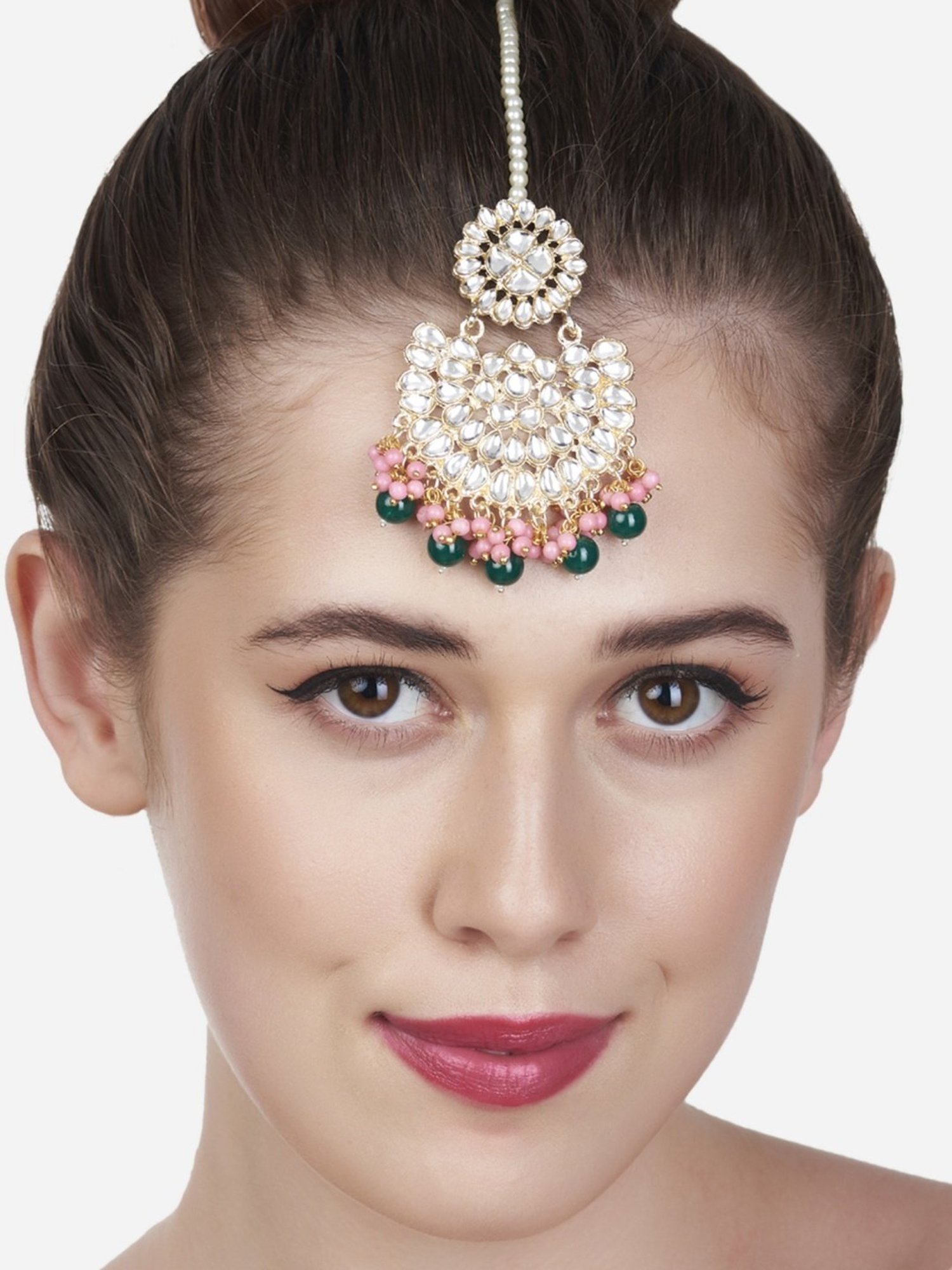 Zaveri Pearls Pink & Green Cluster Beads Drop Bridal Kundan Maangtikka-ZPFK13562