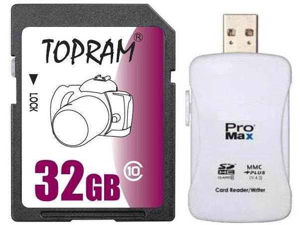 TOPRAM 32GB SD 32GB SDHC Card Class 10 Extreme Speed for Camera & Camcorder +R16 Reader