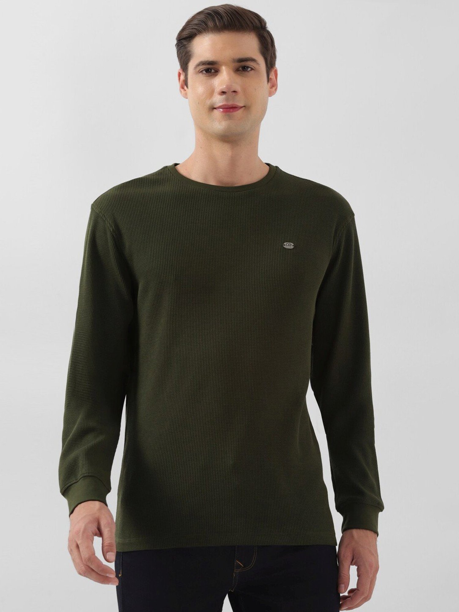 Peter England Green Regular Fit Texture T-Shirt