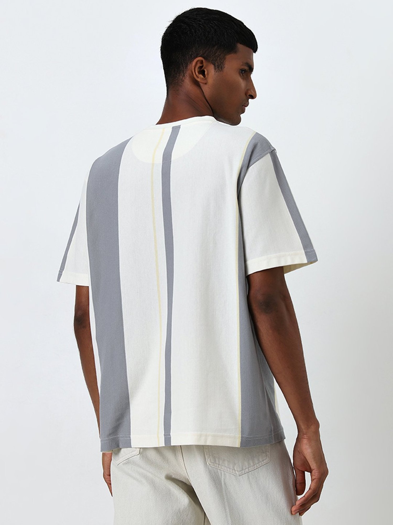 Nuon by Westside Grey Striped Relaxed-Fit T-Shirt