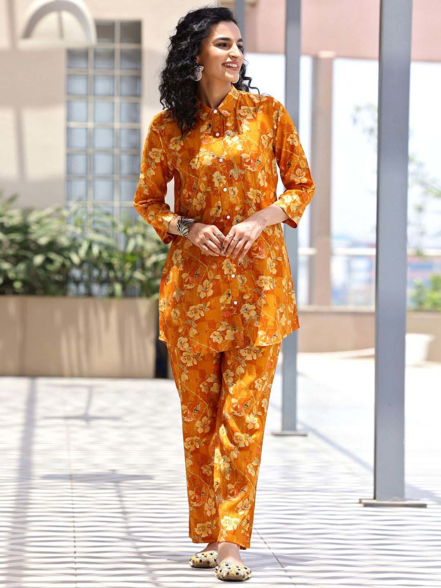 Libas Mustard Printed Silk Blend Co-Ords