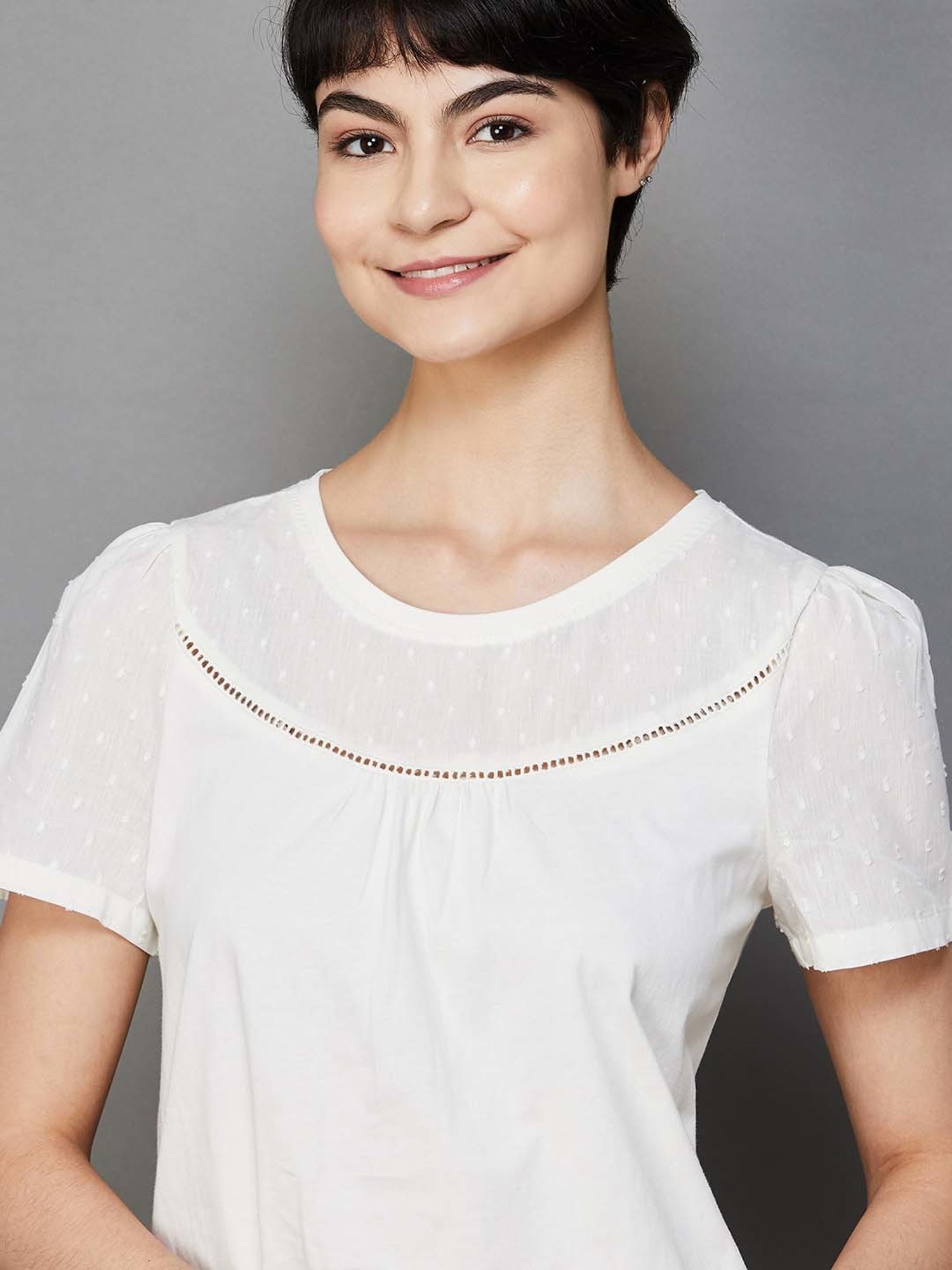 Fame Forever by Lifestyle White Cotton Self Pattern Top