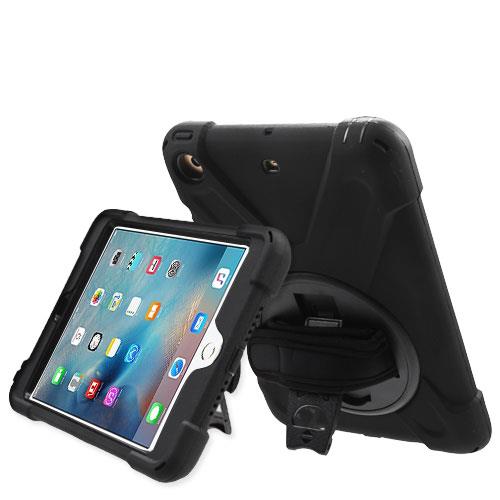 3-IN-1 Hybrid Armor Case with Hand Strap and Rotatable Stand for iPad Mini - Black