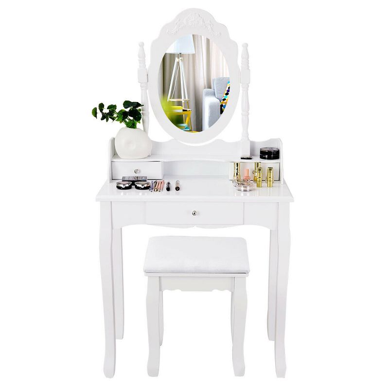 Costway White Vanity Wood Makeup Dressing Table Stool 3 Drawer