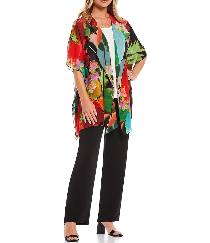 Caroline Rose Georgette Floral Print Short Sleeve Draped Caftan