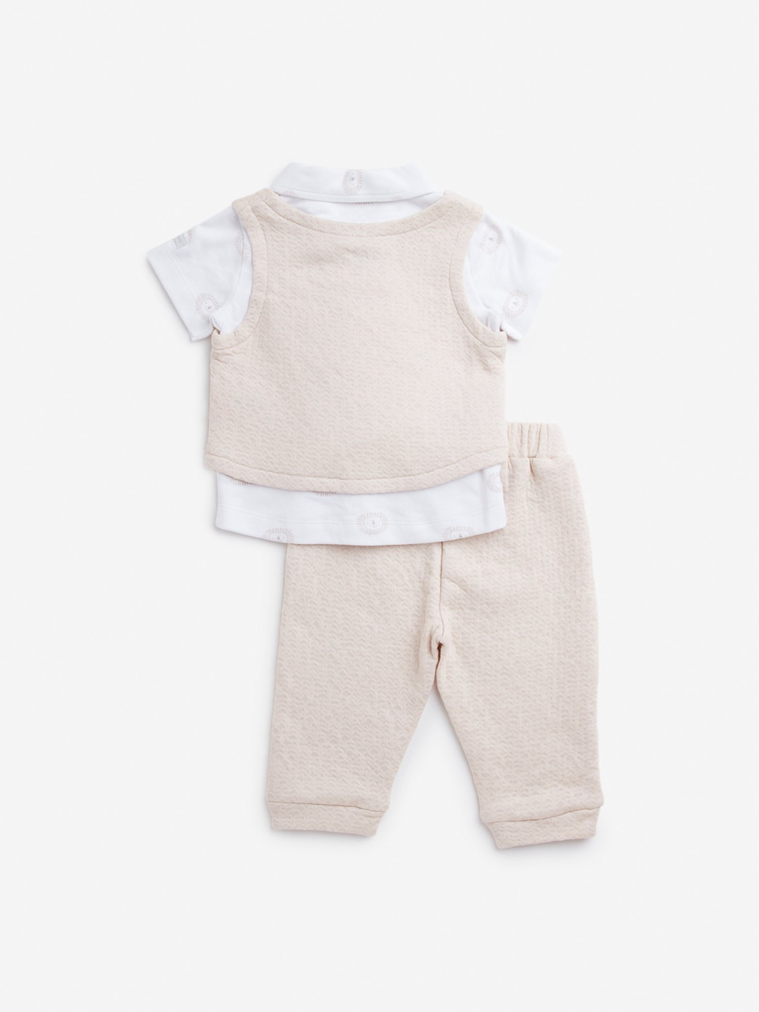 HOP Baby by Westside Beige Cotton Waistcoat, Shirt, Trousers & Bow Set