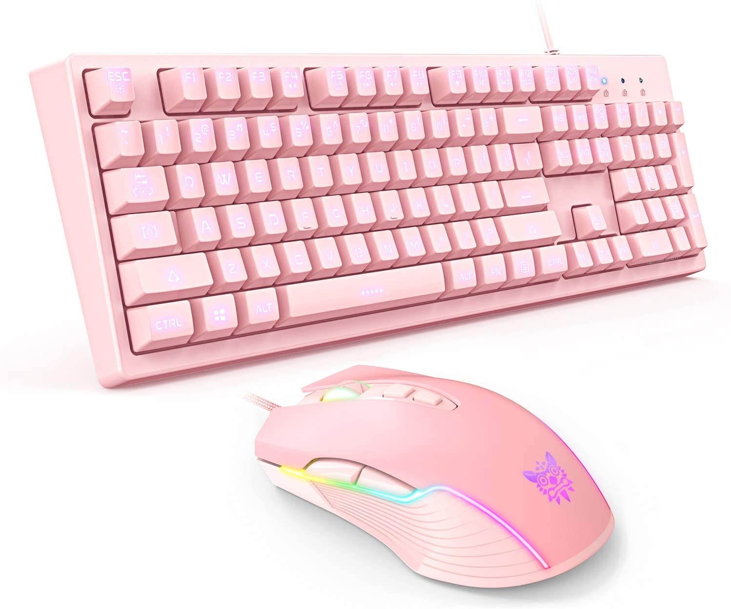 ONIKUMA Pink Wired Gaming Keyboard and Mouse Combo, 3-Color LED Backlit Gaming Keyboard & RGB Mouse with 6 Adjustable DPI for PC/Laptop/Win7/Win8/Win10