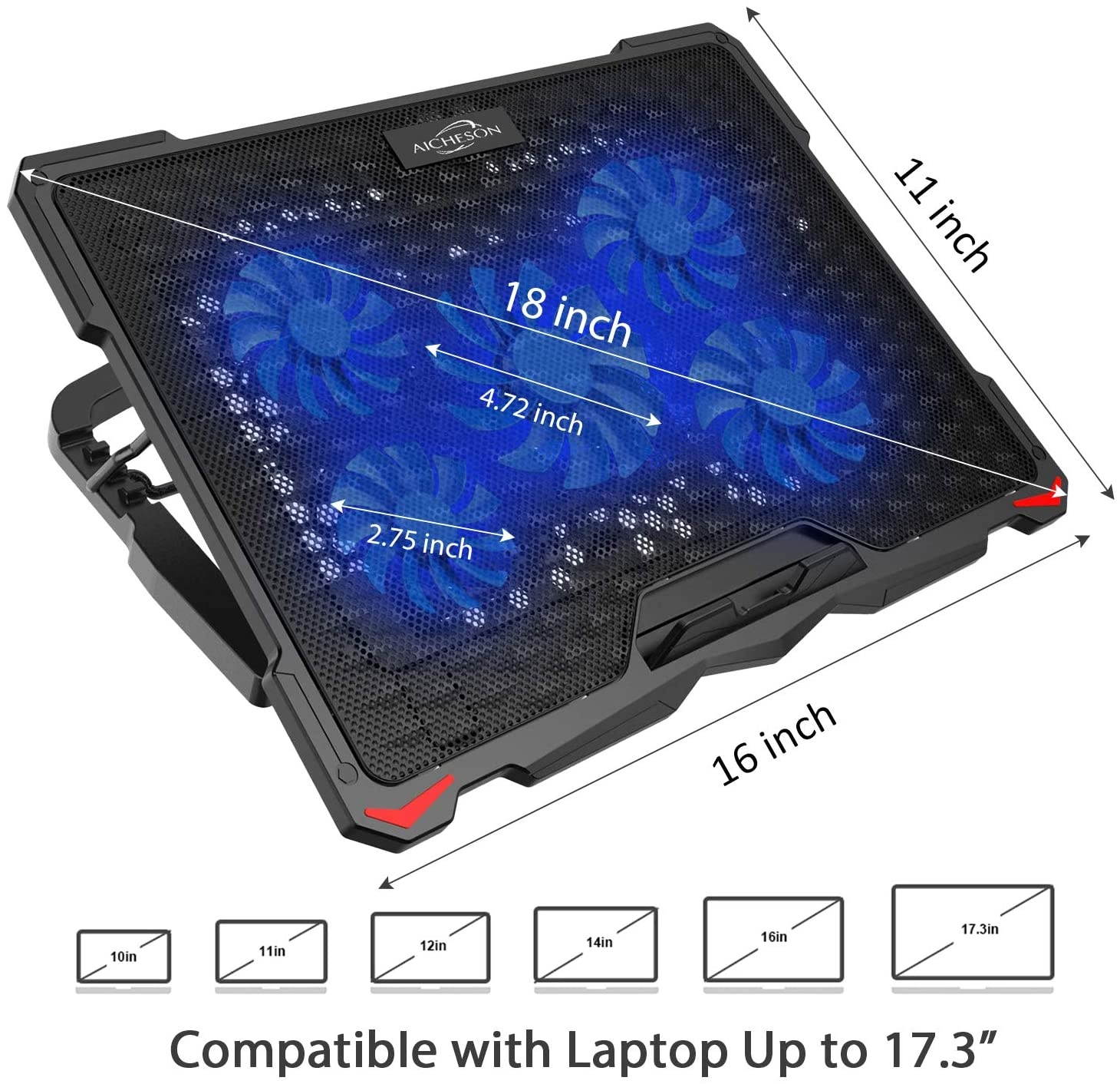 AICHESON Laptop Cooling Pad 5 Fans Up to 17.3 Inch Heavy Notebook Cooler, Blue LED Lights, 2 USB Ports, S035, Blue-5fans