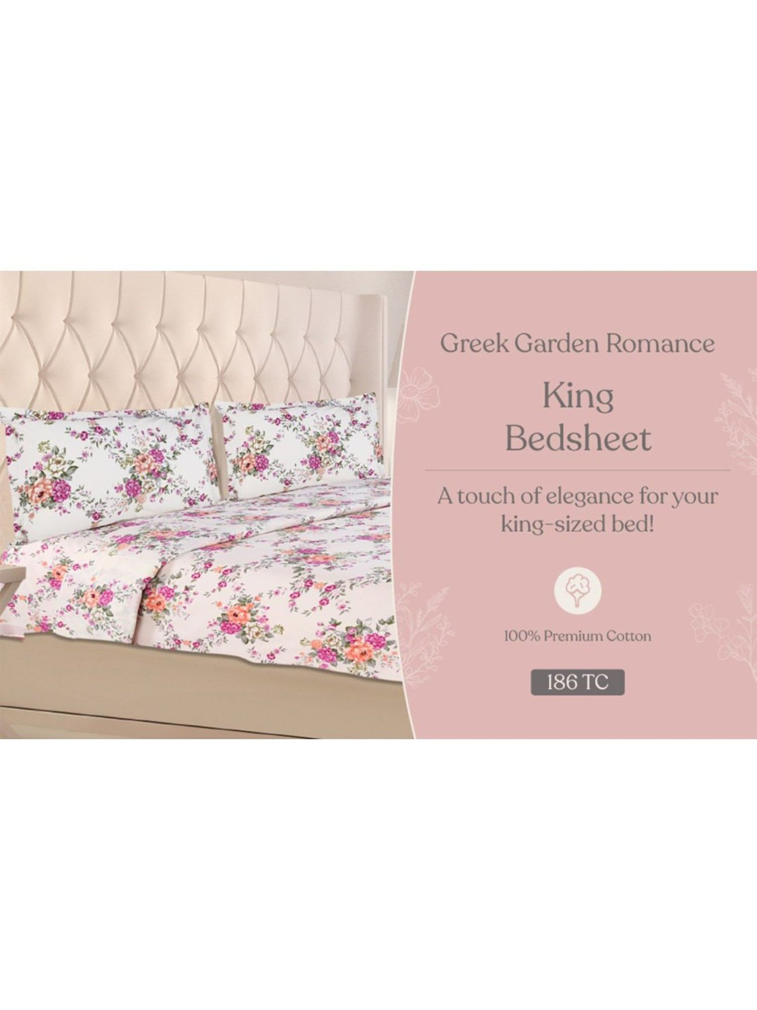 Haus & Kinder Greek Garden Romance Pink & Orange 144 TC Cotton King Bed Sheet with 2 Pillow Covers