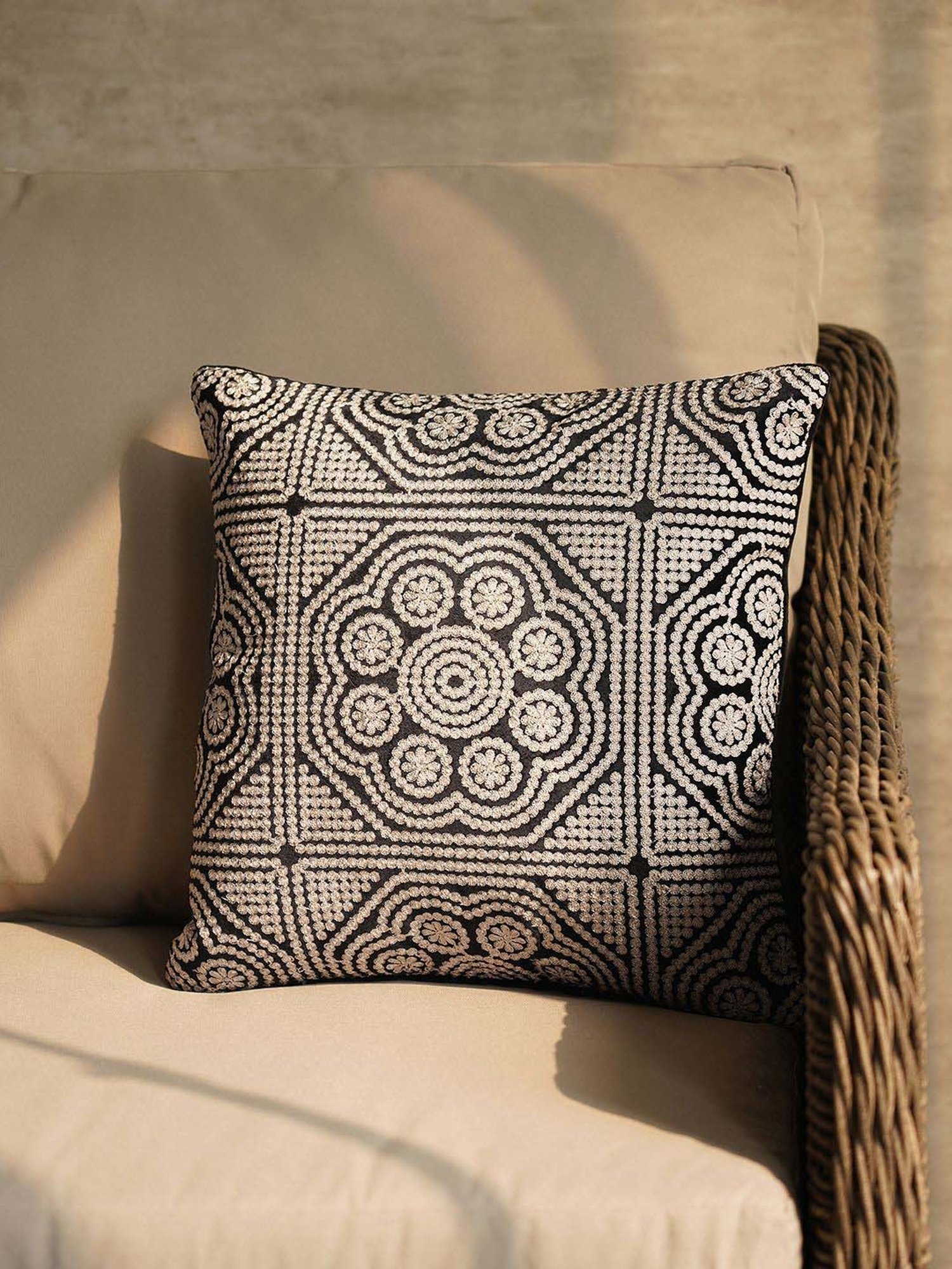 Pure Home and Living Black Cotton Embroidered Cushion Cover