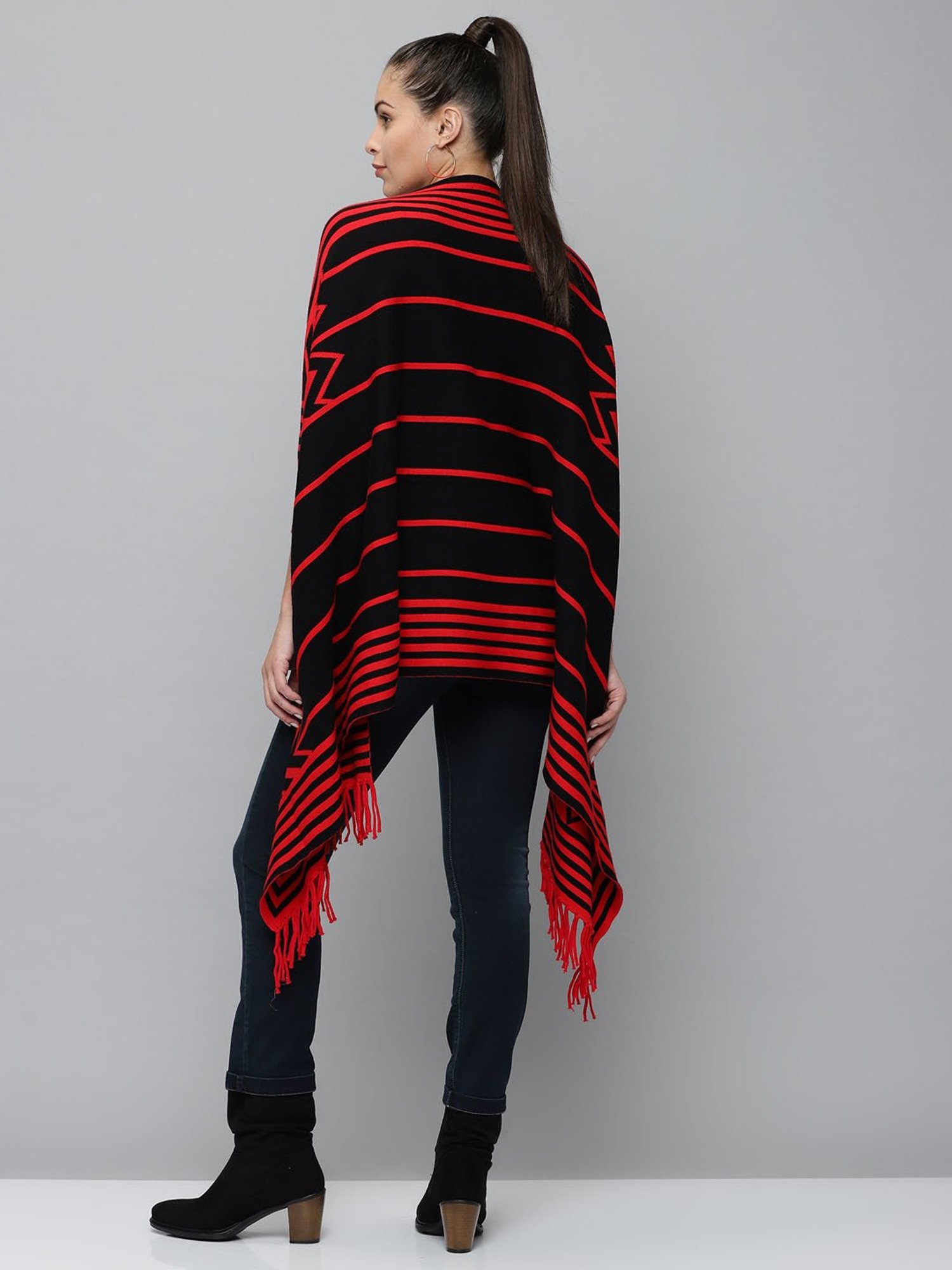 SHOWOFF Red & Black Striped Poncho